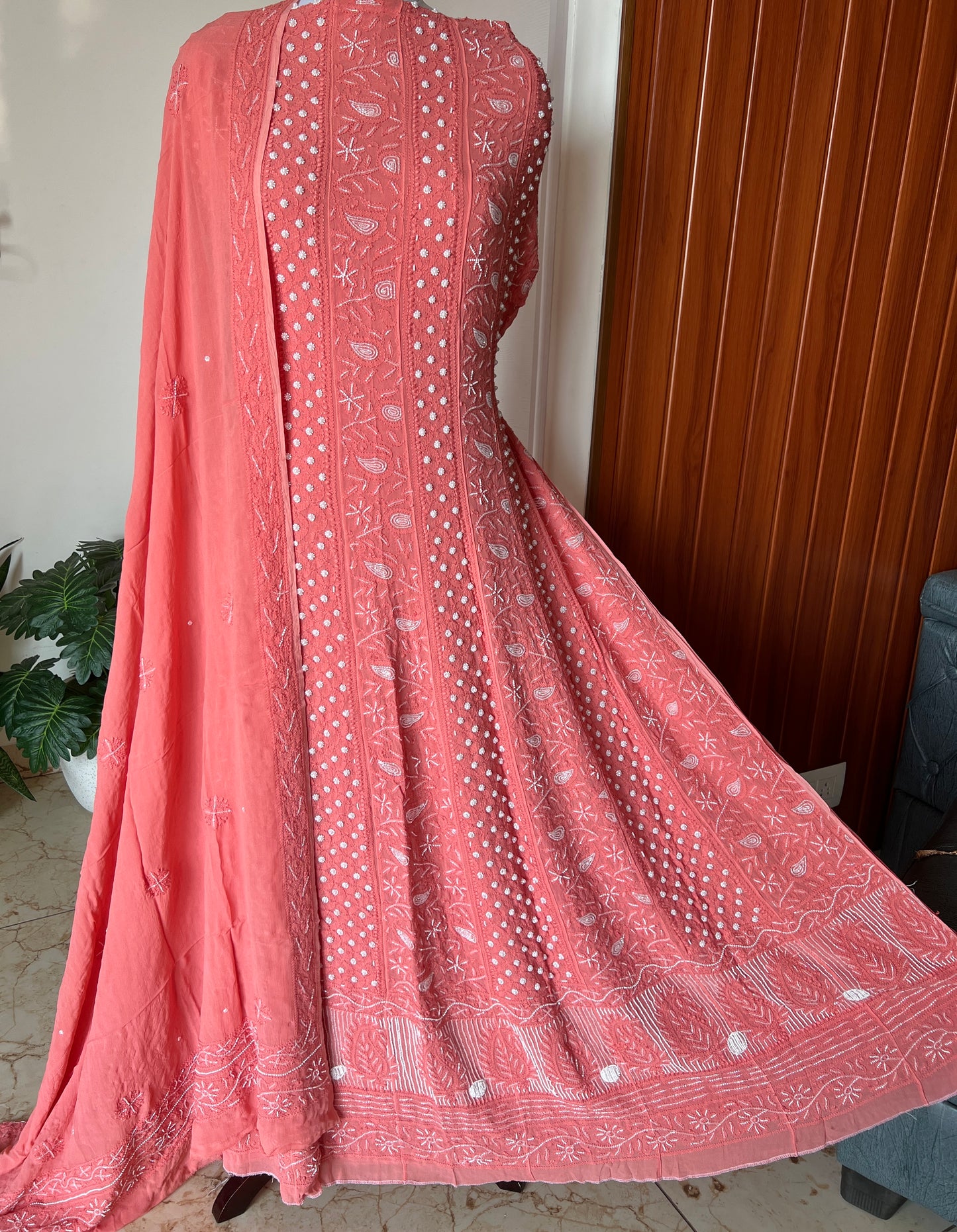 Coral peach Chikankari Cut Dana pearl Anarkali