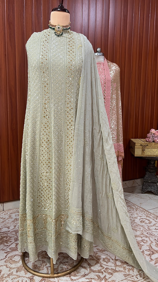 Ruhani Sage green Chikankari Sequins and Cut Dana Anarkali