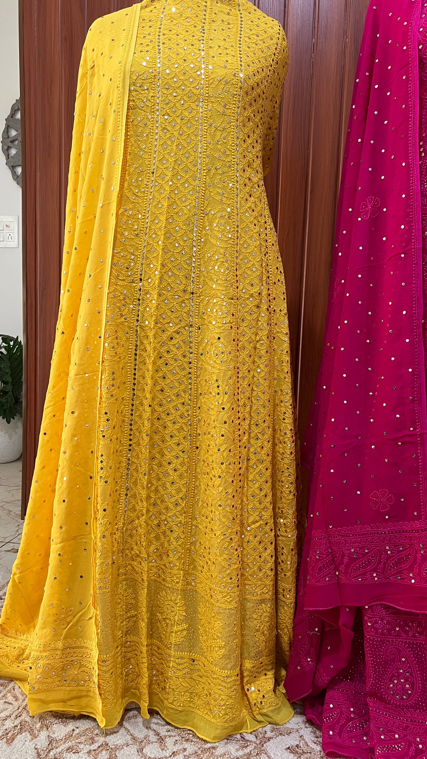 Yellow allover Chikankari and mukaish anarkali with dupatta
