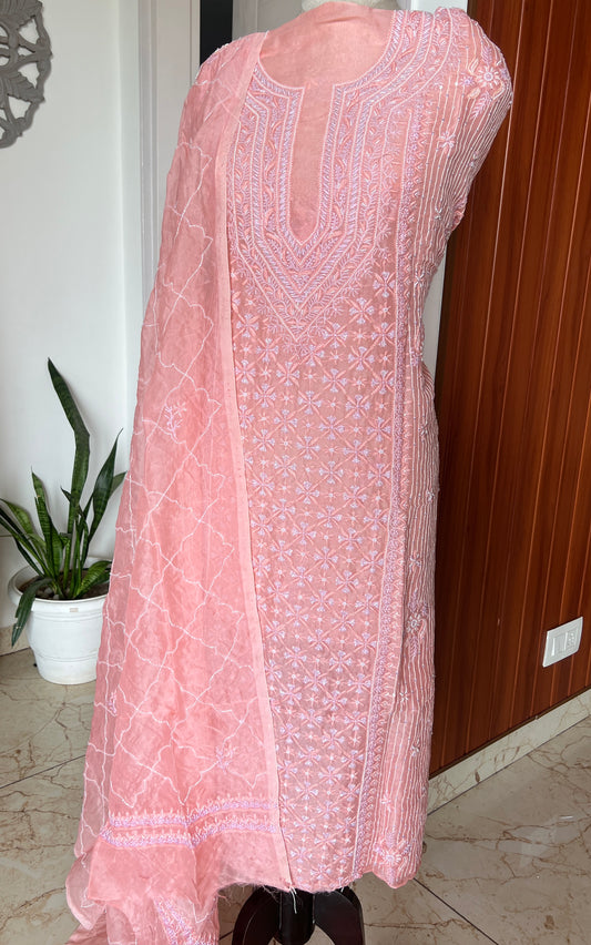 Ruhani Gajri Pink Chikankari & heavy Sequins pure Organza kurta with dupatta