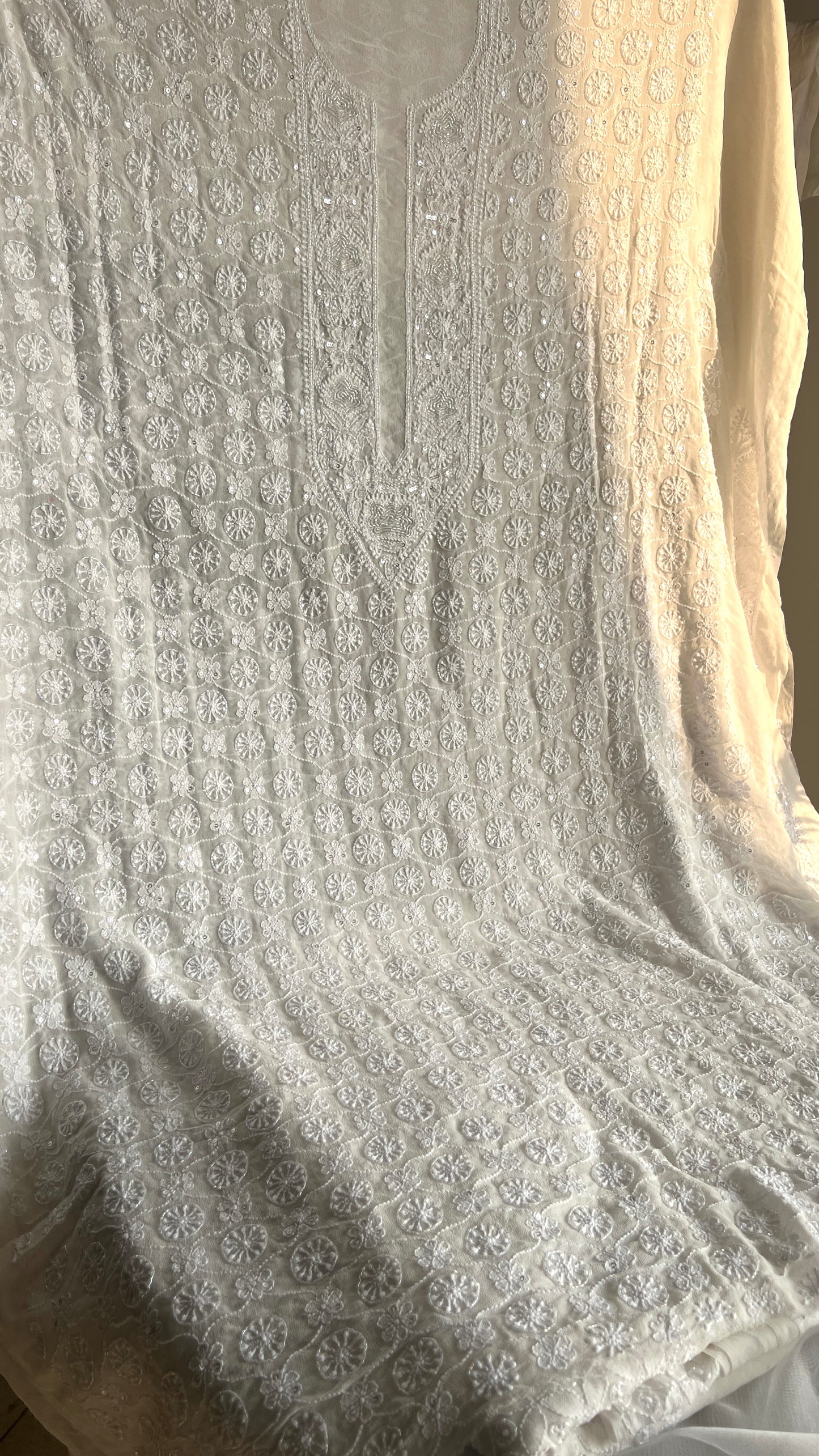 Ivory Pure Georgette Allover Chikankari and Cut dana sequins Men's Kurta Fabric