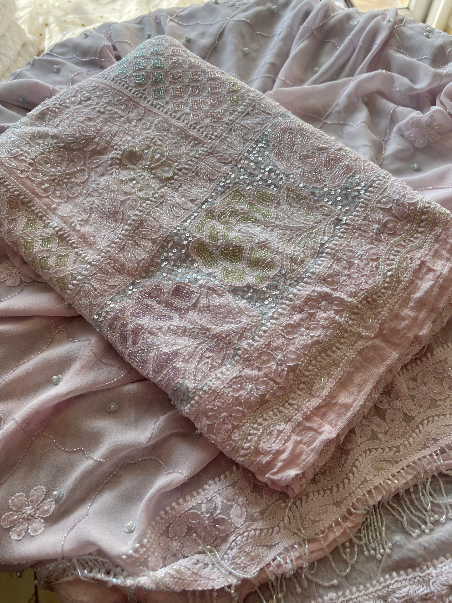 Ruhani Light Pink Chikankari multicolored Sequins and Cut Dana Anarkali