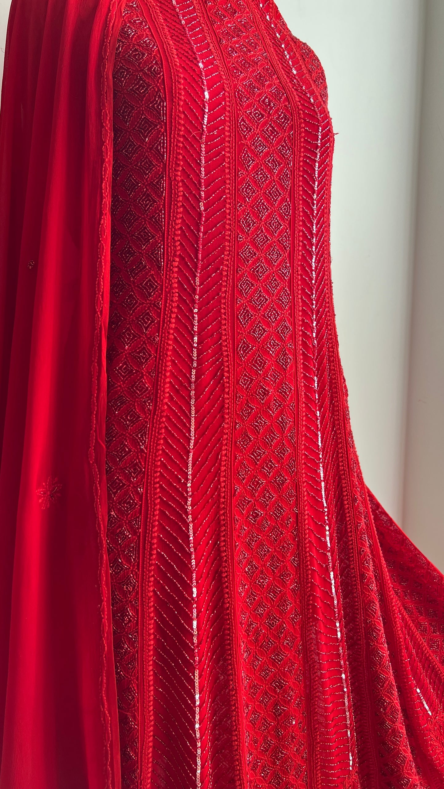 Red Chikankari Cut Dana and sequins Anarkali with Dupatta