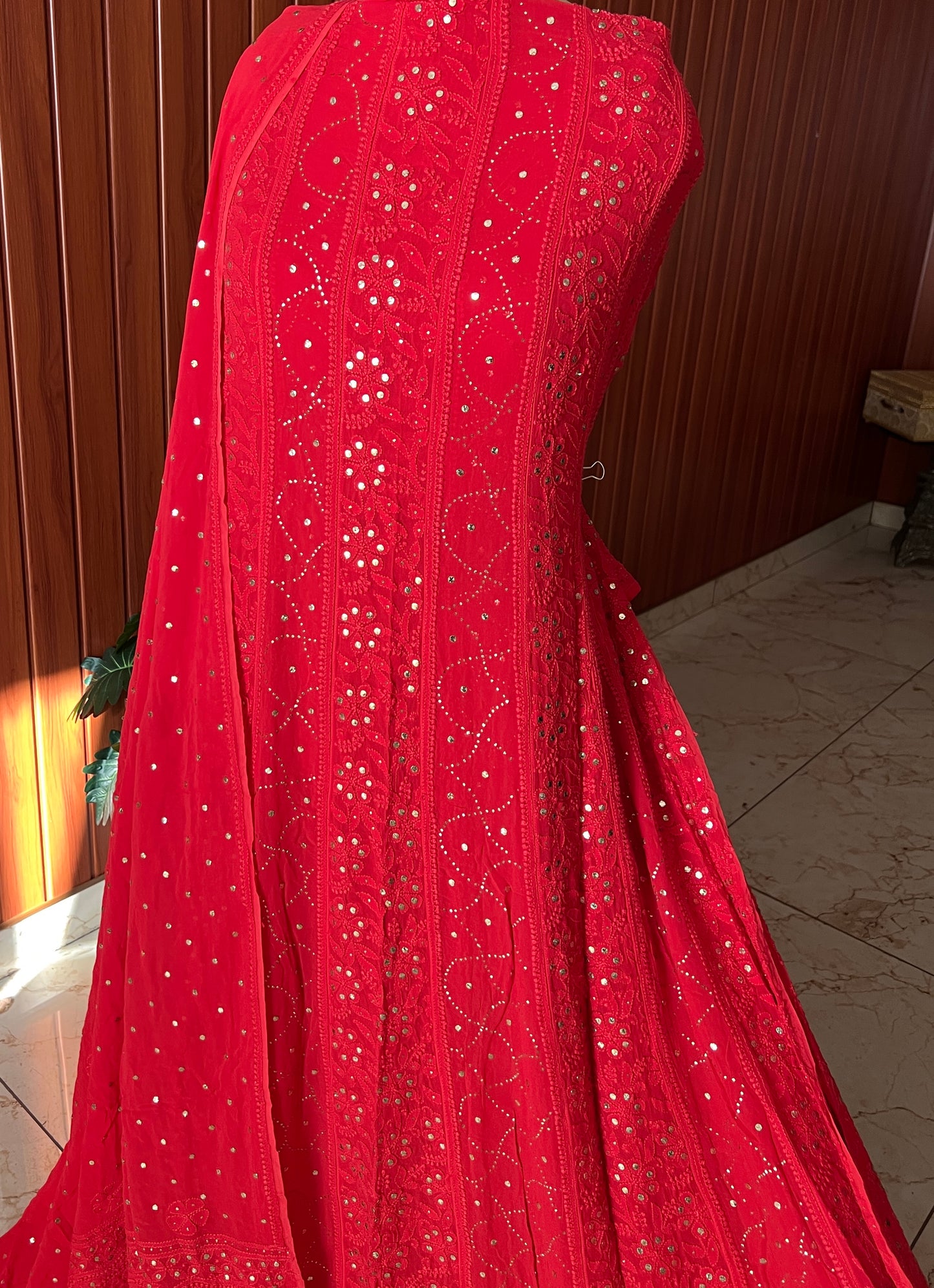 Red allover Chikankari and mukaish anarkali with dupatta