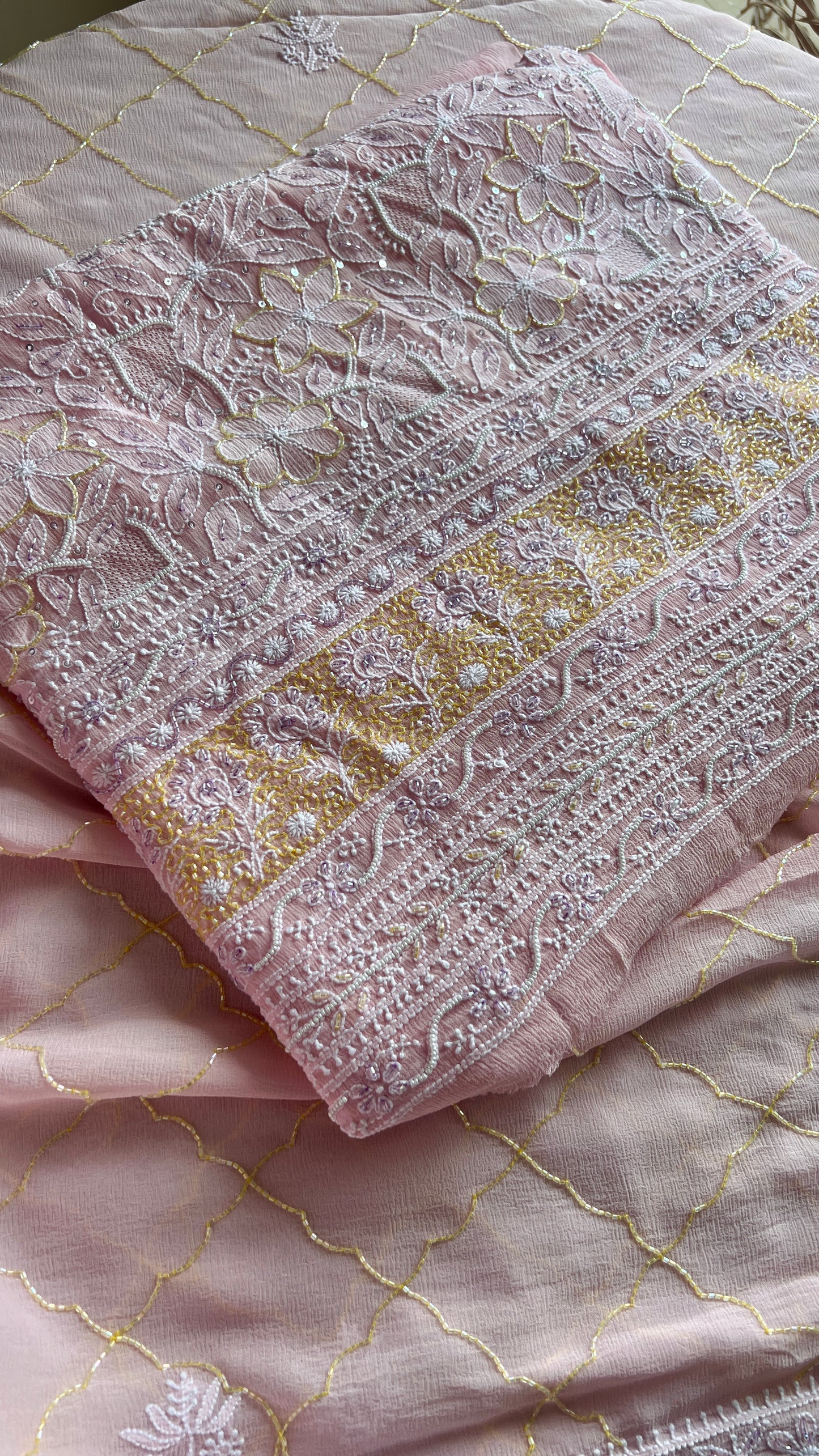 Ruhani Pink pure chiffon Chikankari cut dana and sequins kurta and dupatta