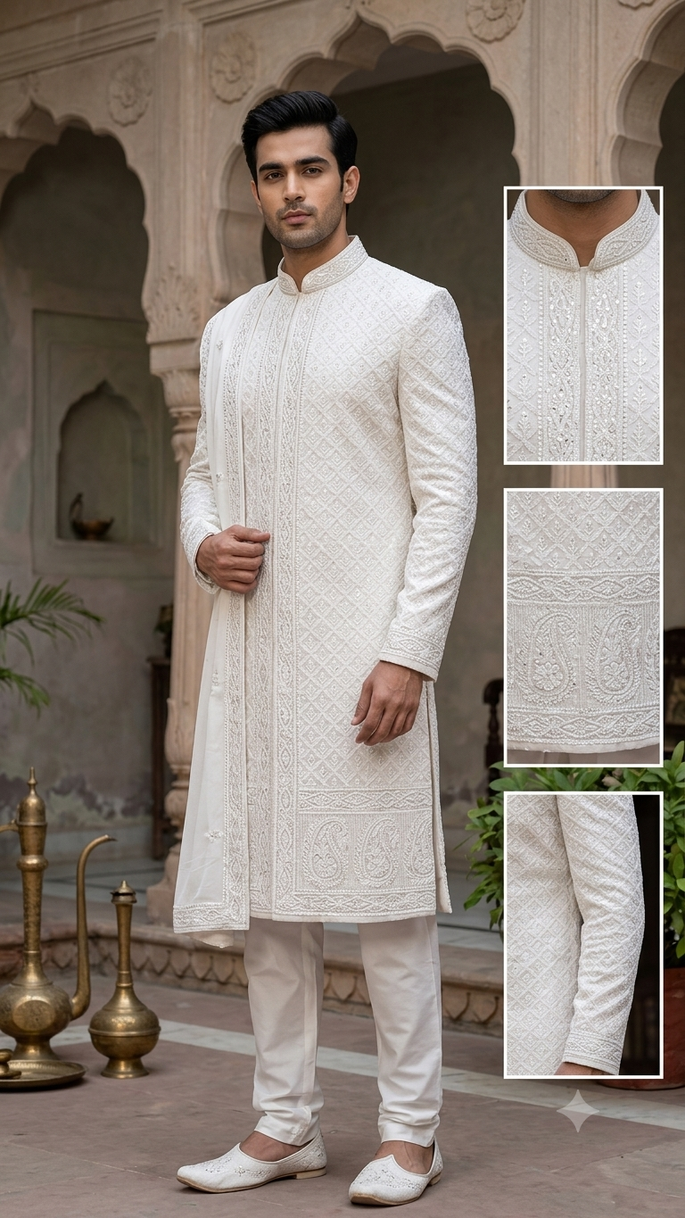 Men’s Wedding sherwani pure georgette with Chikankari cut dana and sequins work