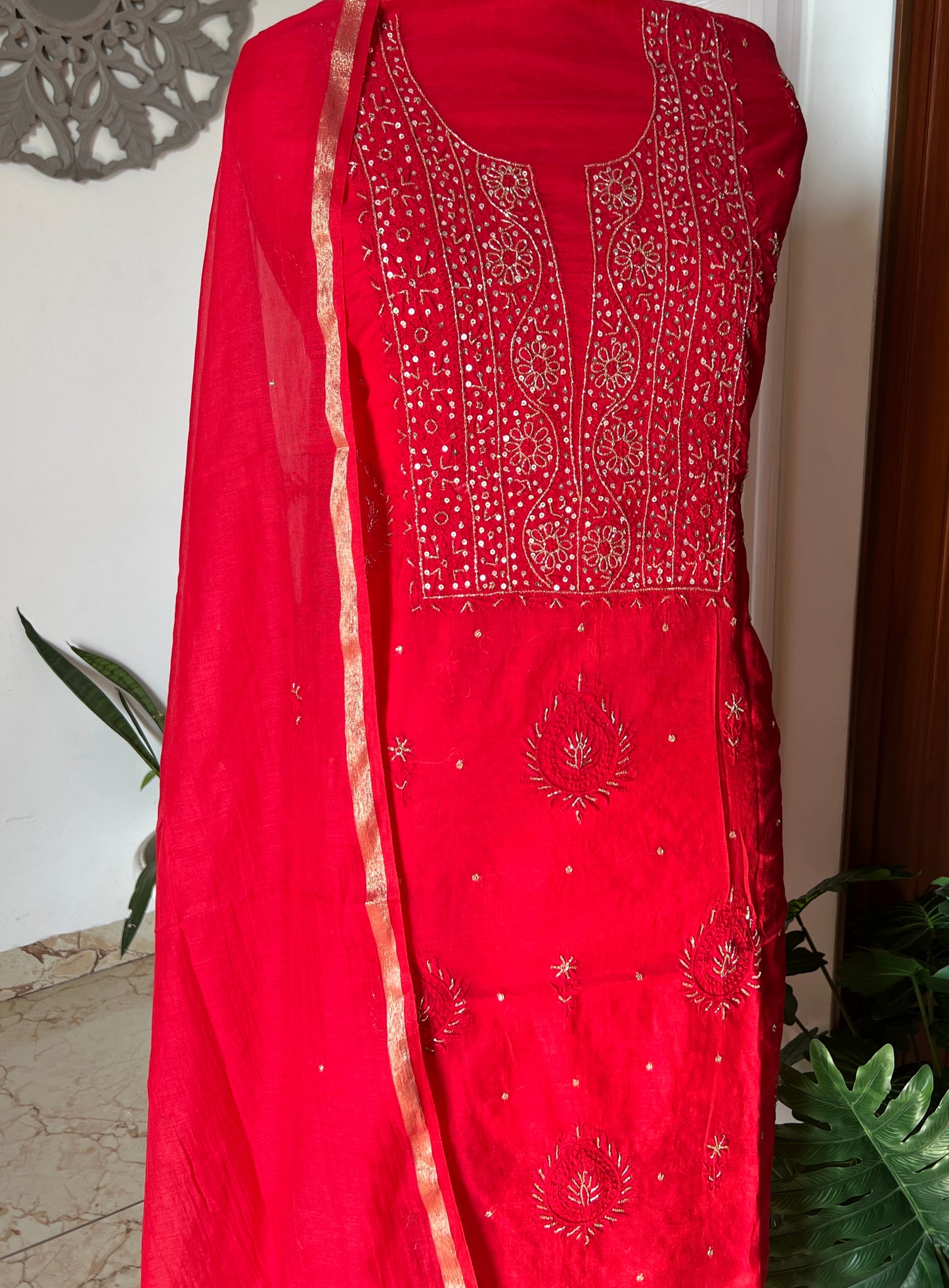 Mul Chanderi Chikankari Kurta and Dupatta Set