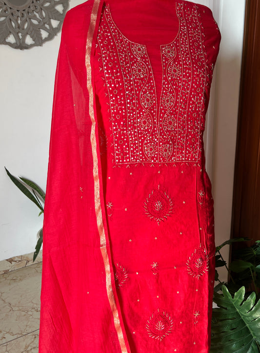 Mul Chanderi Chikankari Kurta and Dupatta Set