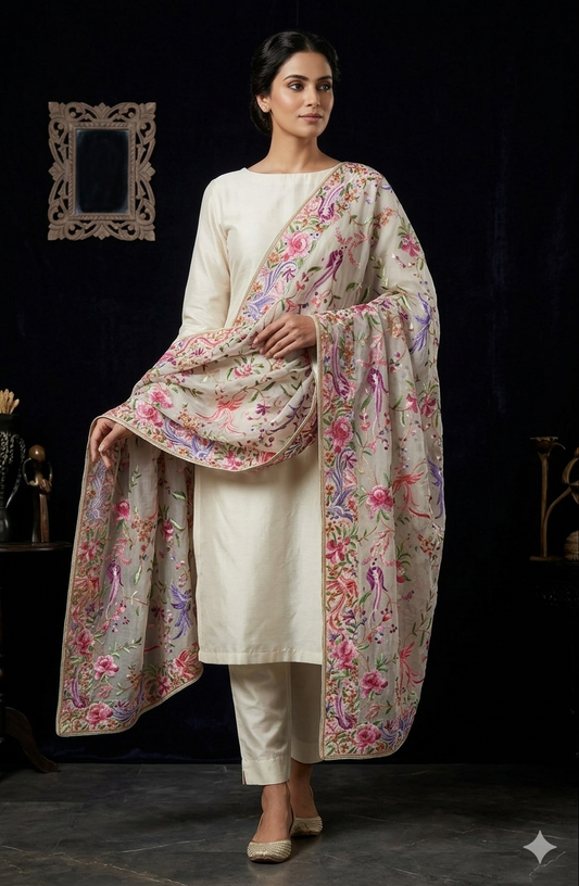 Ivory Masterpiece Parsi Gara Hand Embroidered Dupatta
