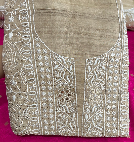 Pure Tussar silk Chikankari and mukaish embroidered kurta and dupatta