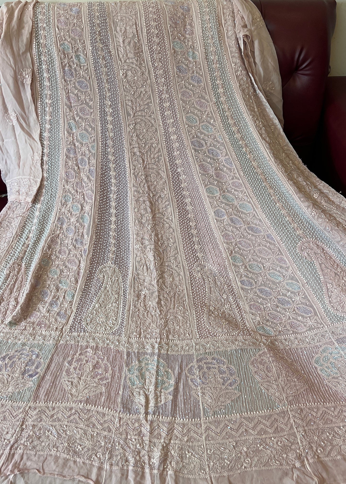 Nude Pink Chikankari Pearl and Cut Dana Embroidered Anarkali with Dupatta