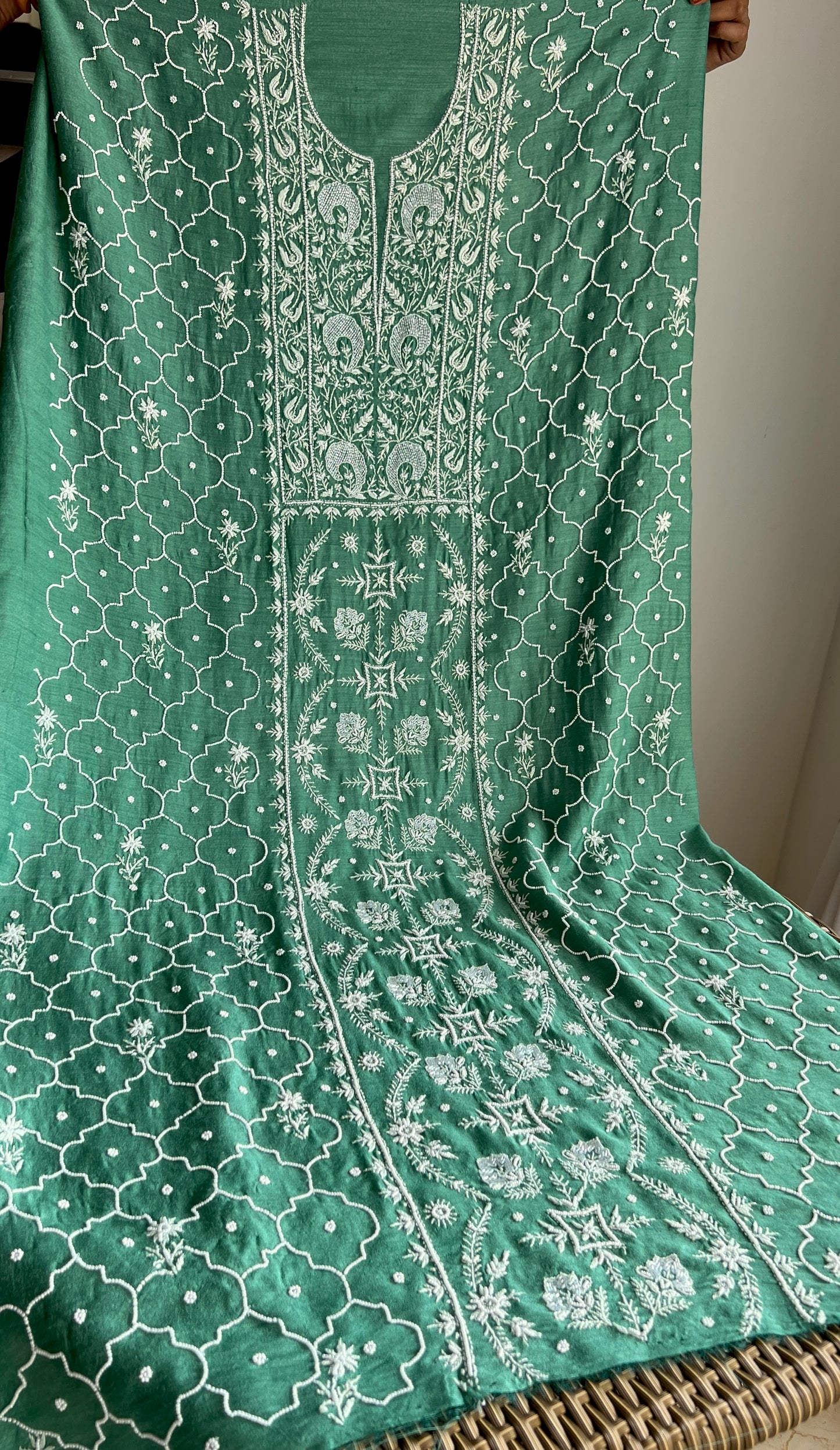 Moonga Silk Chikankari pearl and cut Dana work kurta and dupatta