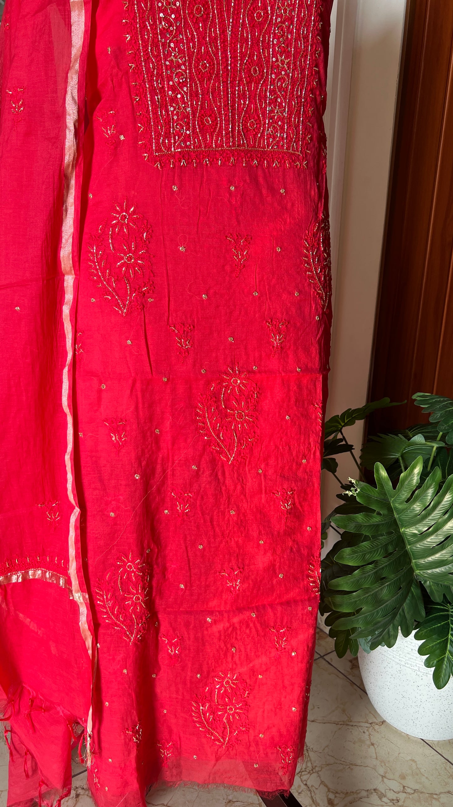 Mul Chanderi Chikankari Kurta and Dupatta Set