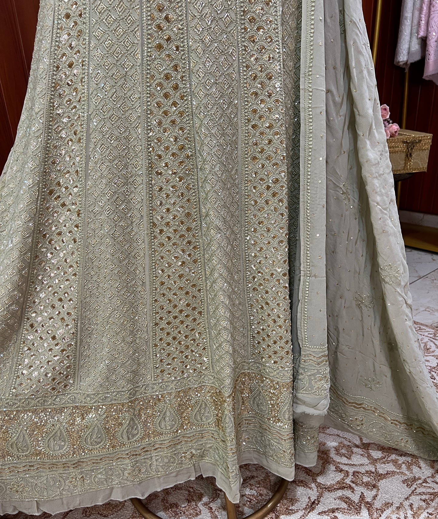 Ruhani Sage green Chikankari Sequins and Cut Dana Anarkali