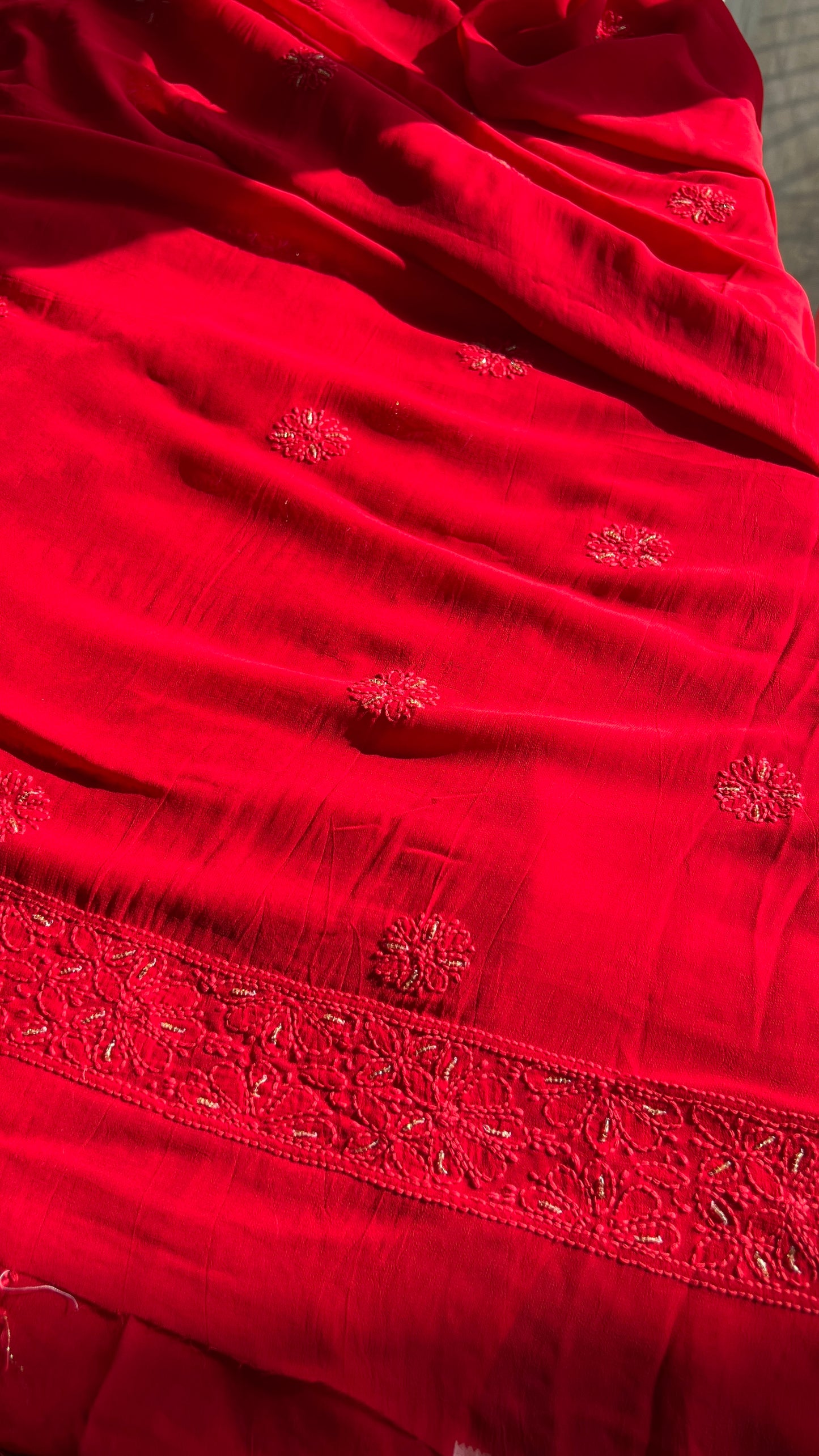 Red Chikankari golden Cut Dana and aari work Kurta and Dupatta