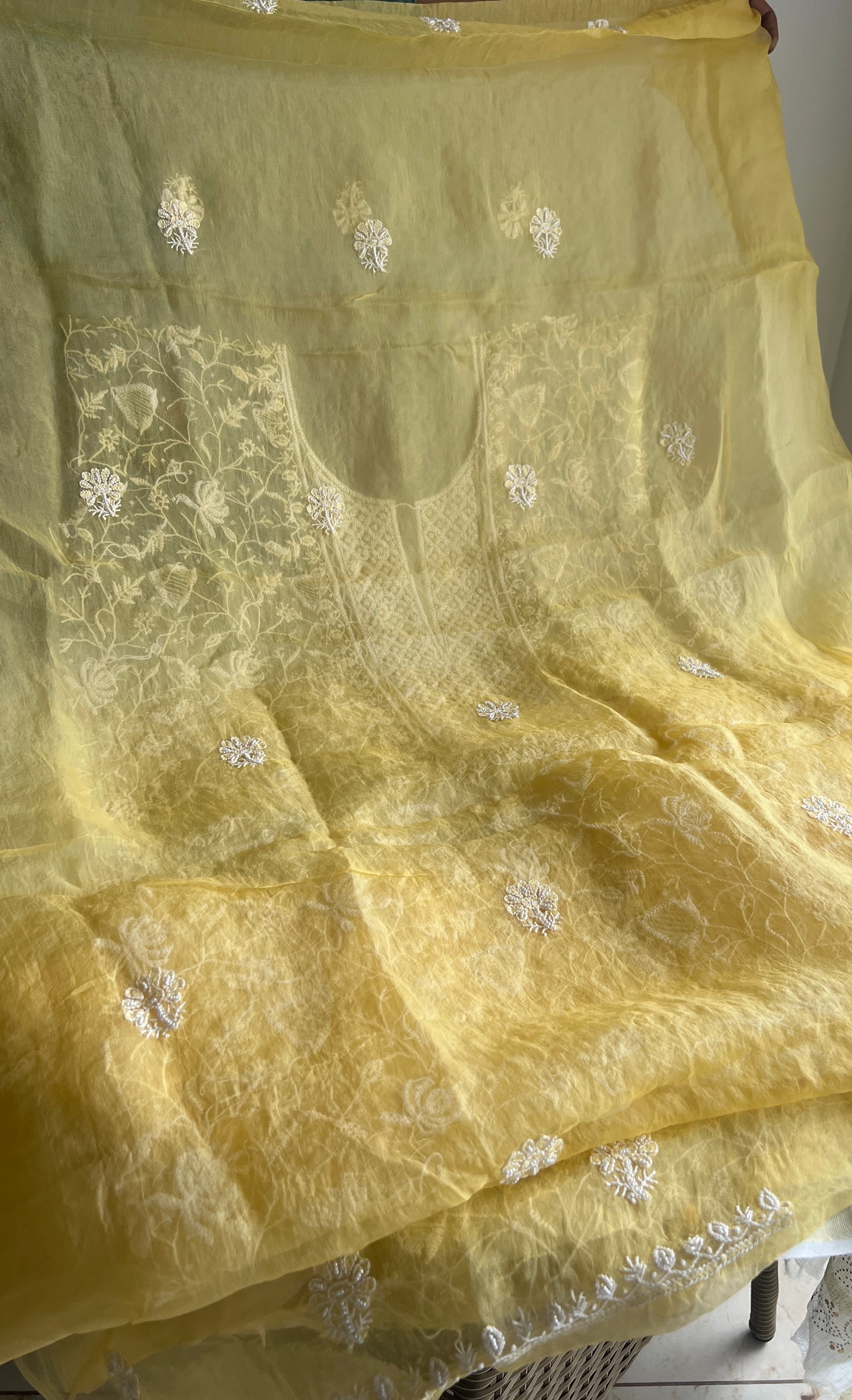 Yellow chikankari pearl cut Dana work pure Organza kurta with dupatta