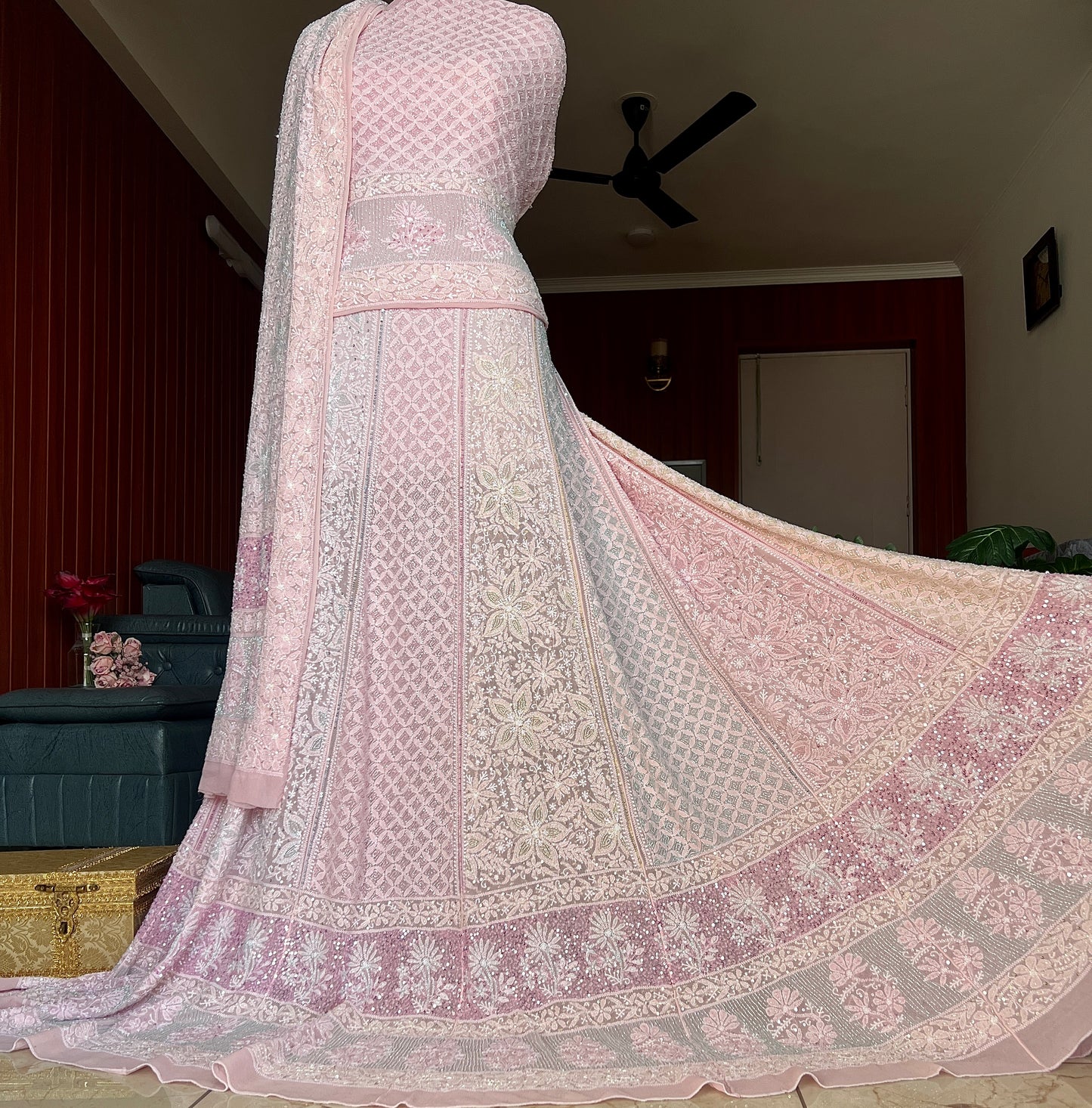 Pink Ruhani Chikankari Lehenga with Multicolored Cut Dana and sequins Work