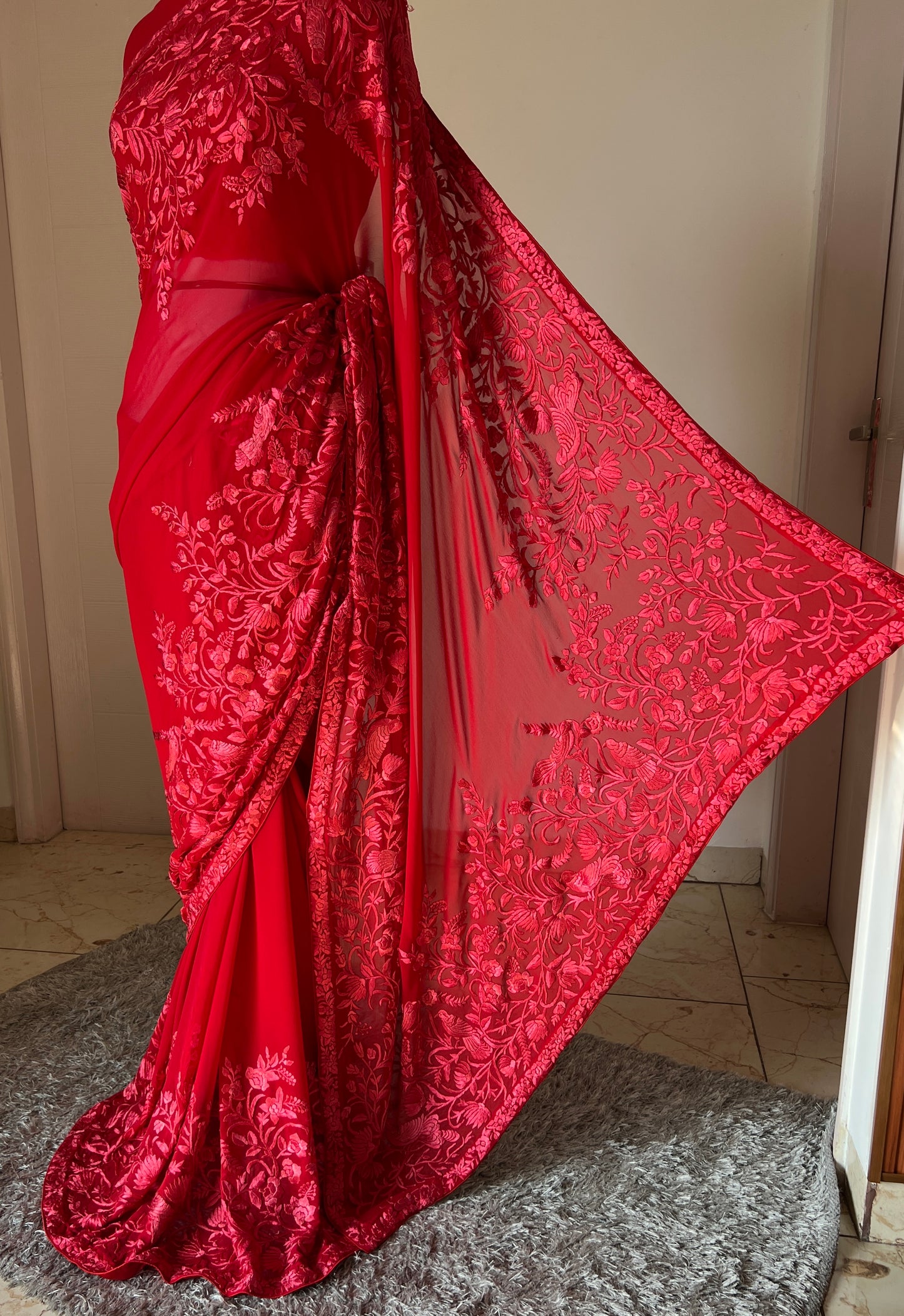 Roja Red pure georgette saree with parsi gara hand embroidery