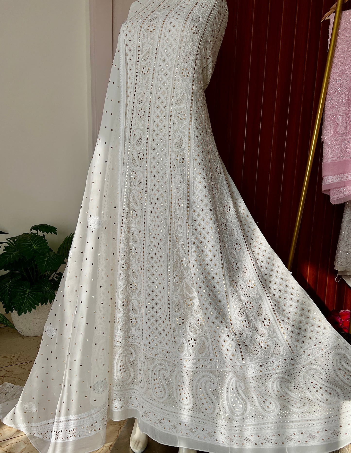 White allover Chikankari and mukaish anarkali with dupatta