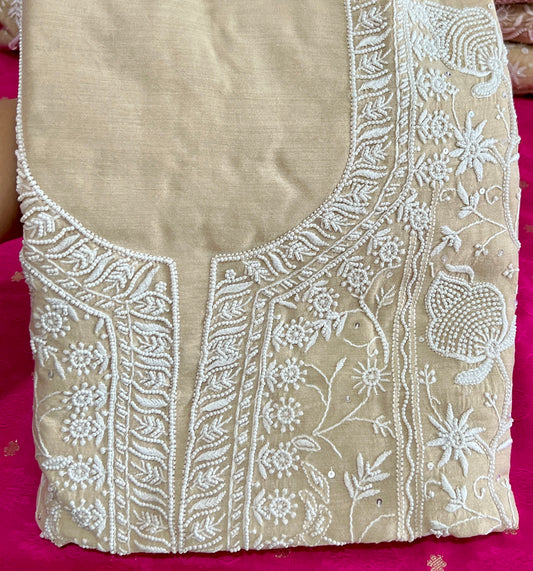 Munga silk Chikankari and pearl embroidered kurta and dupatta