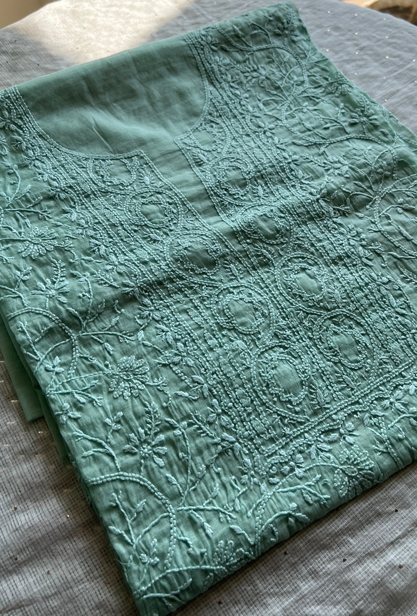 Sage green Mul chanderi Chikankari embroidered kurta and dupatta