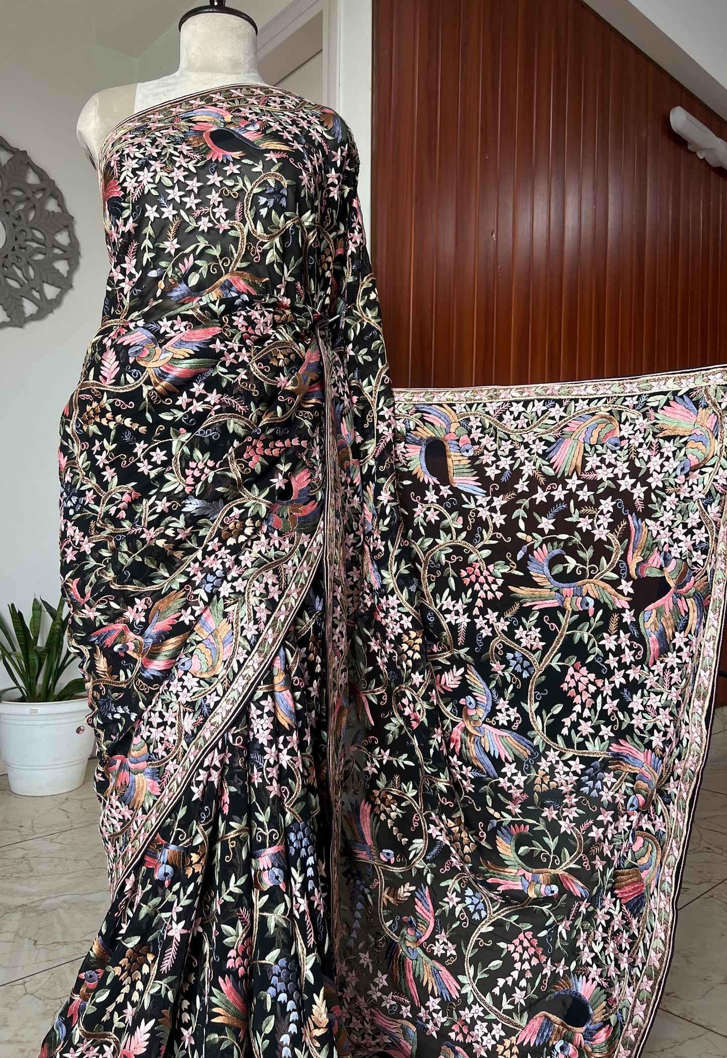 Black Masterpiece Parsi Gara Pure Georgette Saree