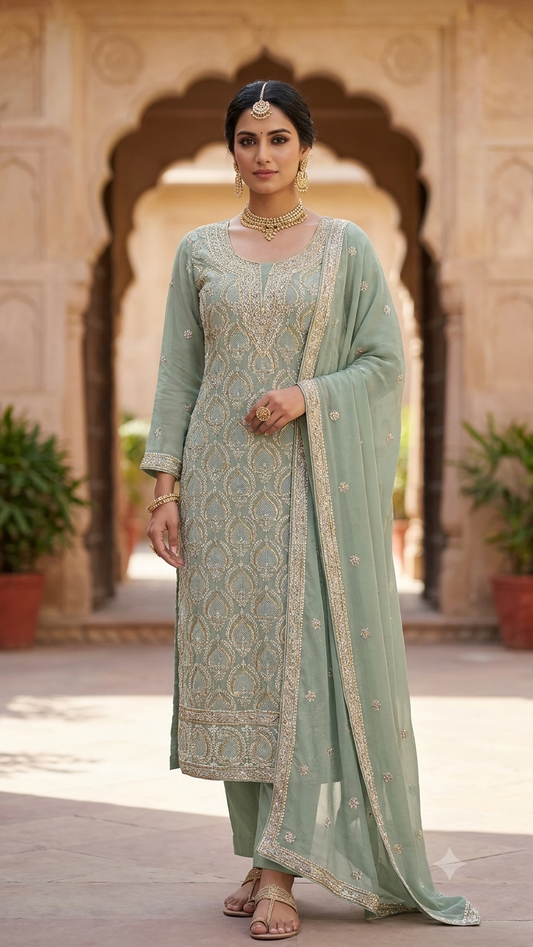 Sage Green Chikankari Pitta kasab work kurta and dupatta