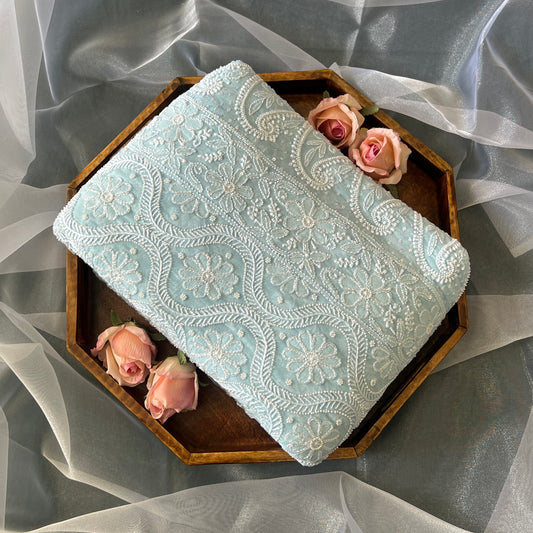 Ruhani Breezy Blue Chikankari Cut Dana and Pearl embroidered Saree