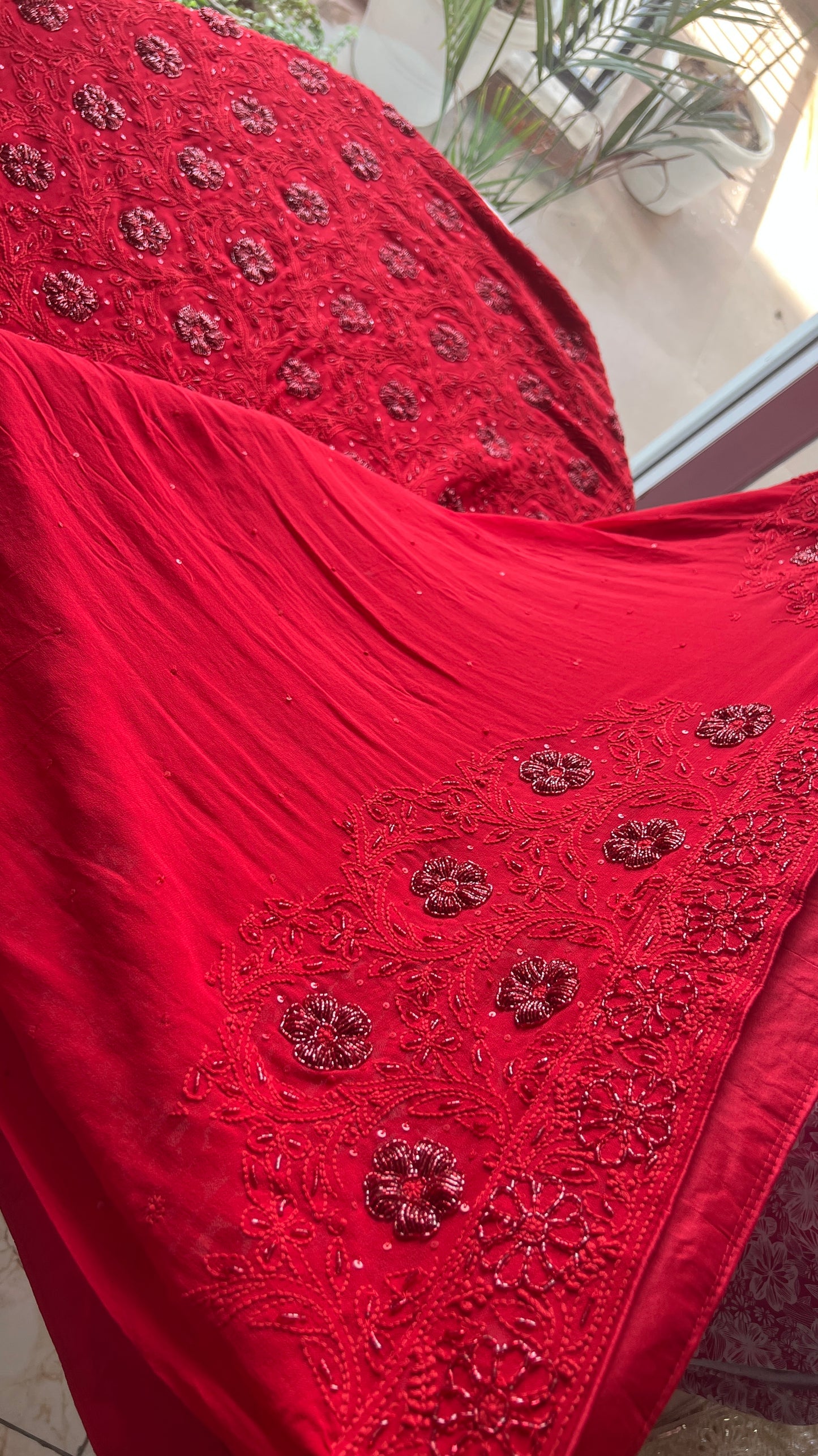 Red Masterpiece Chikankari Cut Dana Sequins Saree