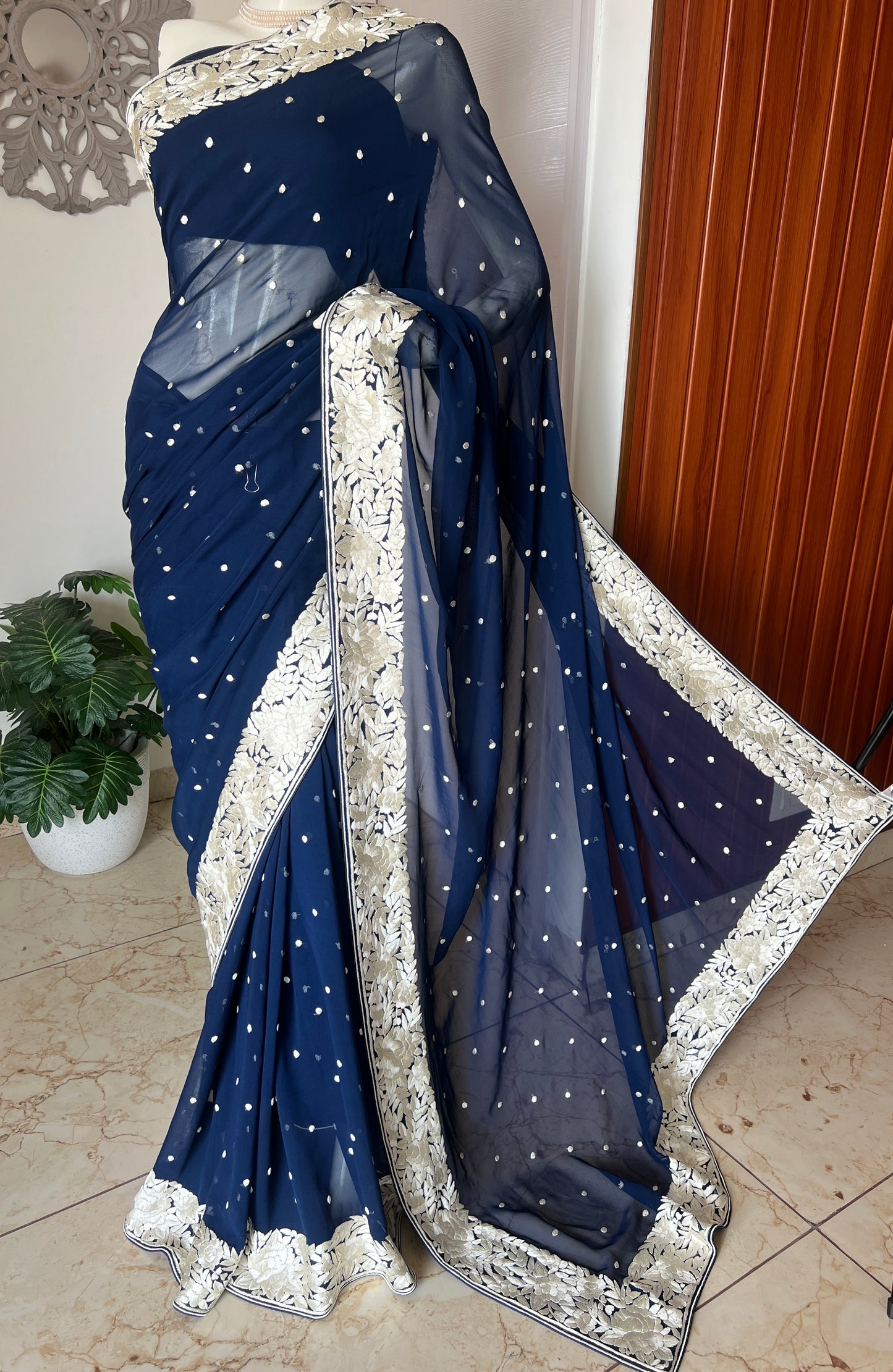 Navy Blue Pure Georgette Parsi Gara Hand Embroidered Saree