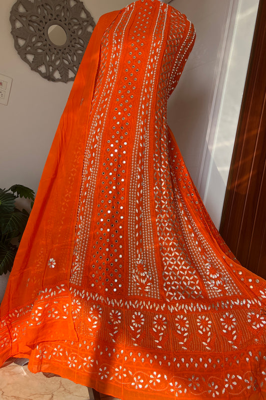 Orange Chikankari pearl mirror and Gota Anarkali