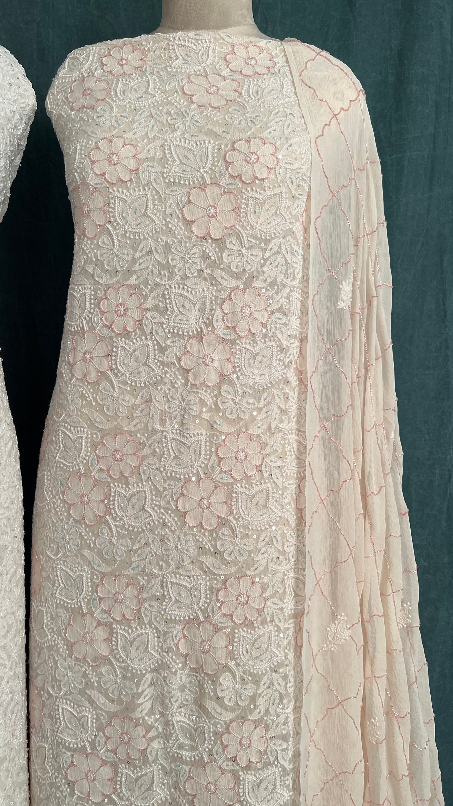 Cream pure chiffon Chikankari cut dana and sequins kurta and dupatta