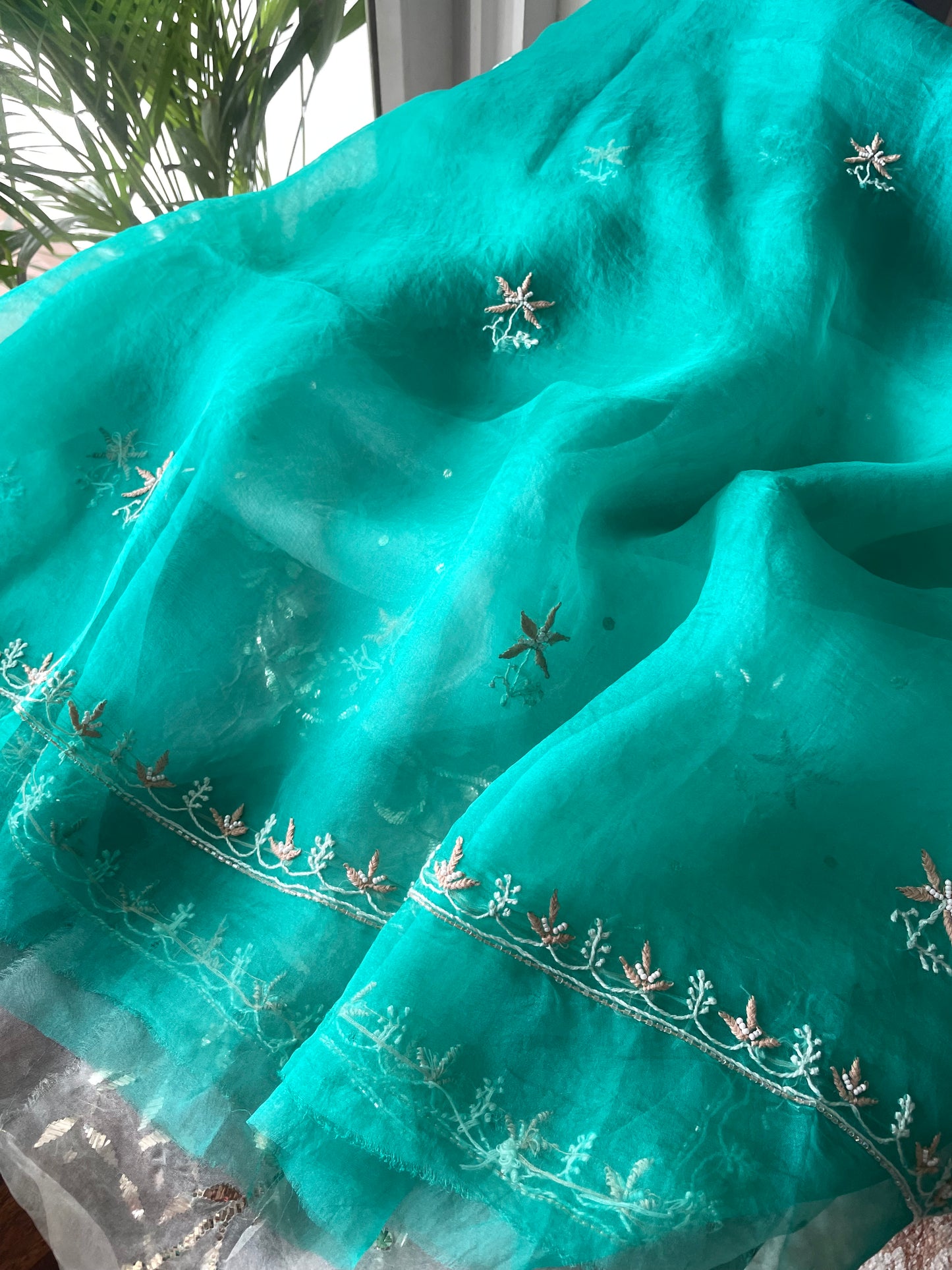 Turquoise green Chikankari pearl cut Dana pure Organza kurta with dupatta