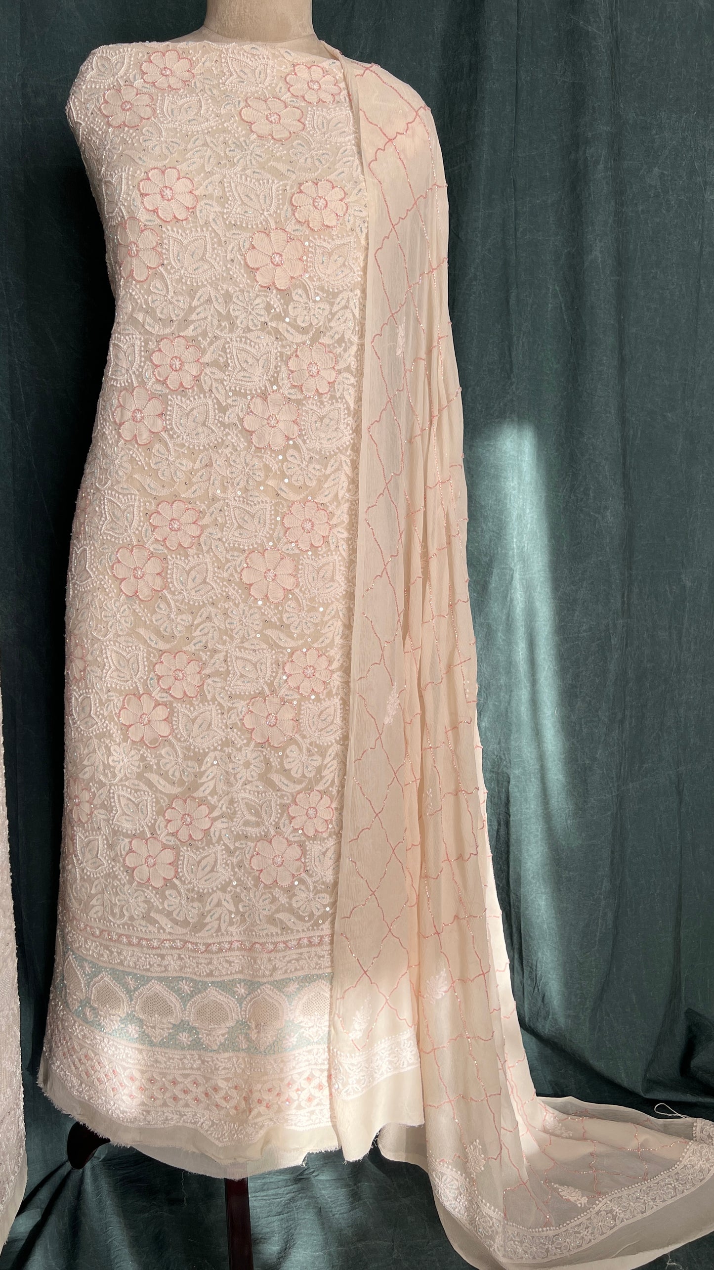 Cream pure chiffon Chikankari cut dana and sequins kurta and dupatta