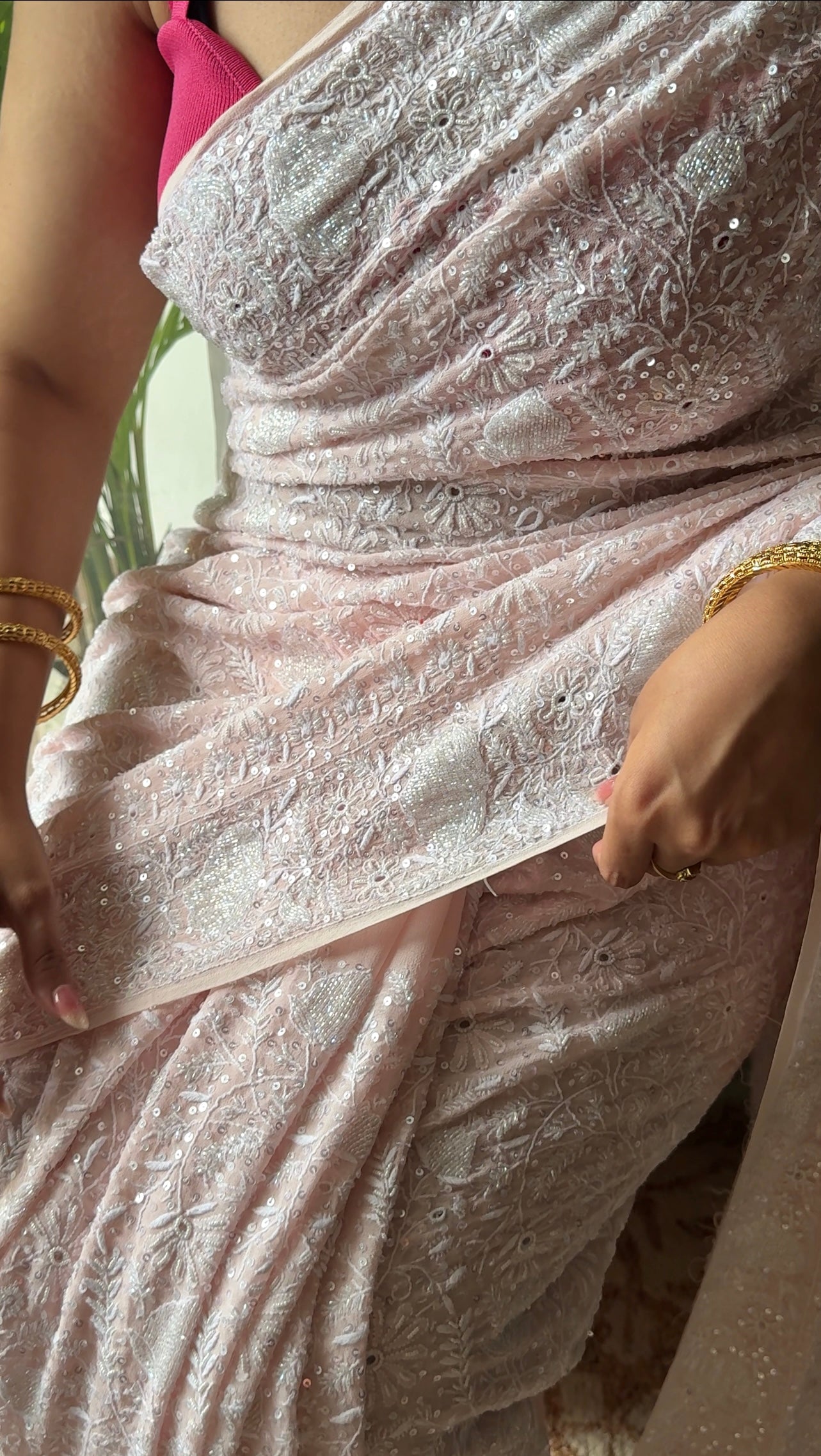 Suhaan Blush Pink Chikankari Do Taar Saree