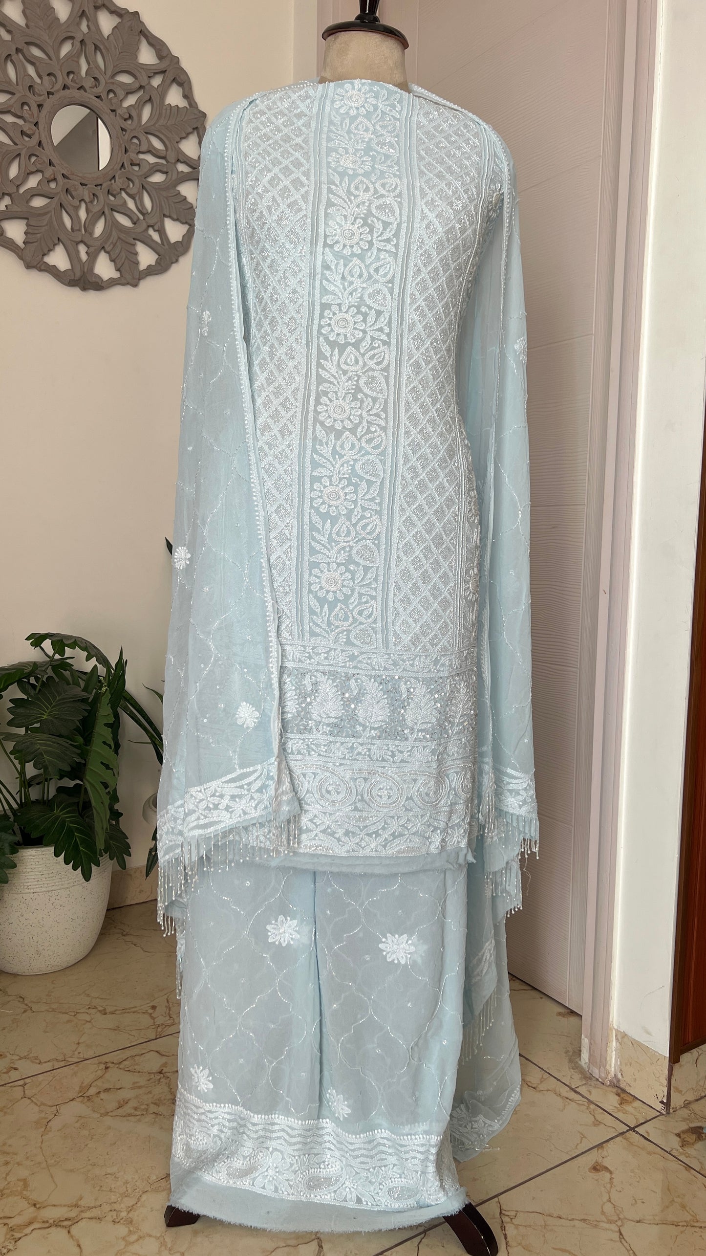 Sky Blue Chikankari cut dana and pearl work full suit