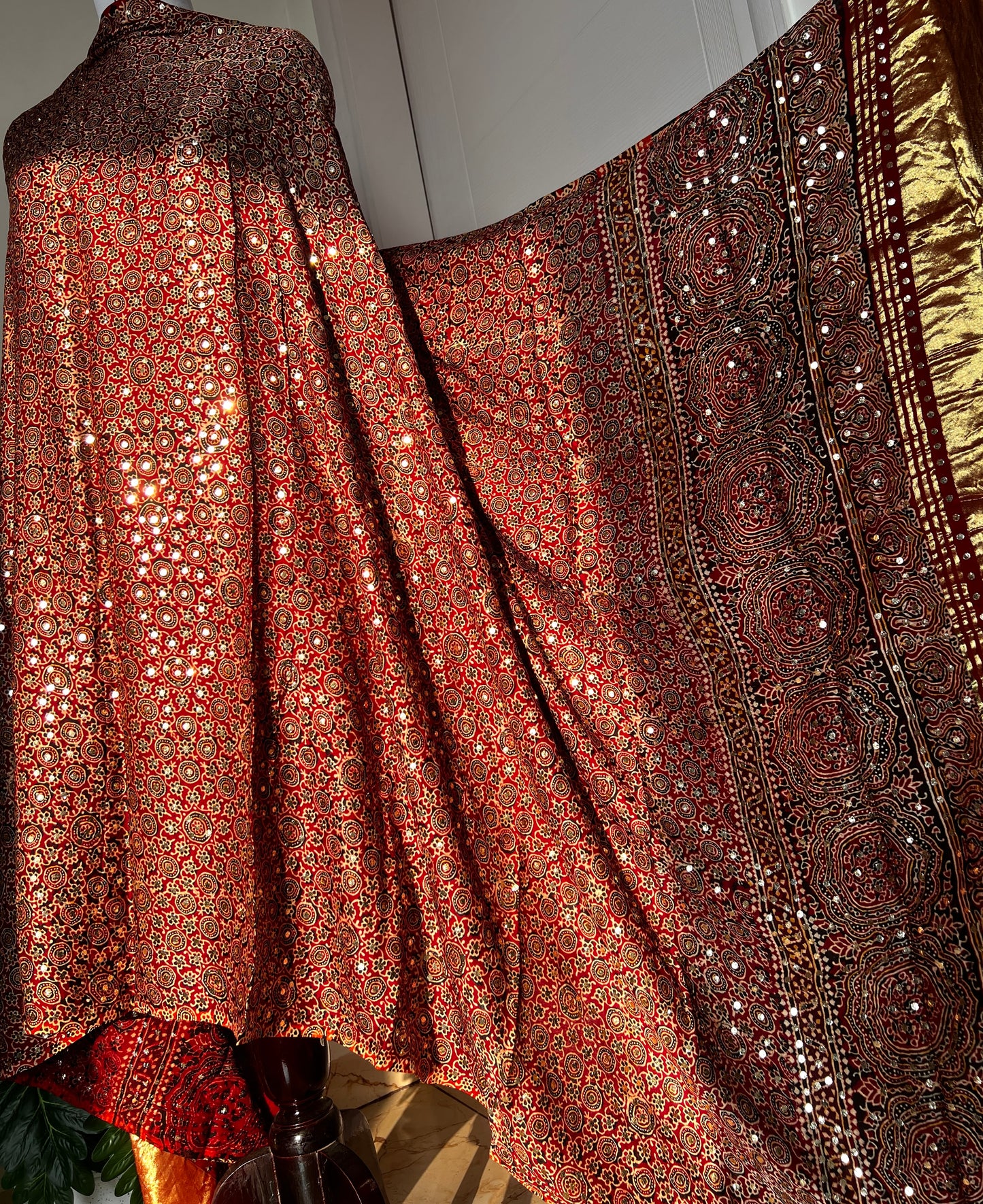 Maroon modal silk ajrakh block printed dupatta with heavy mukaish