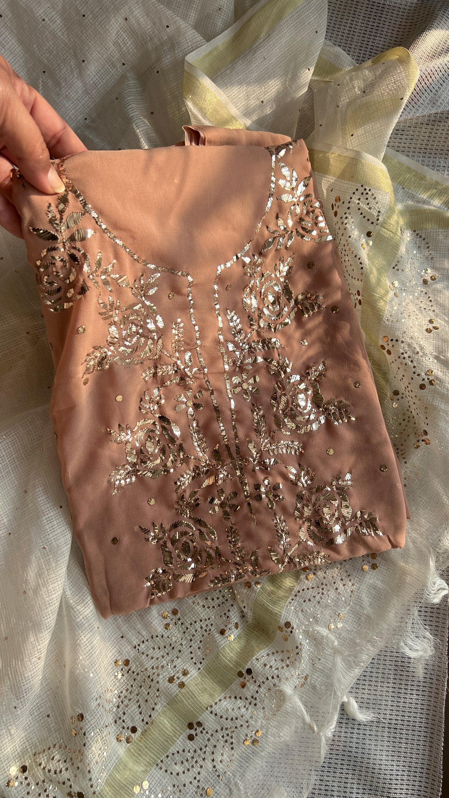 Dusty Rose badla and mukaish work Kurta and Dupatta