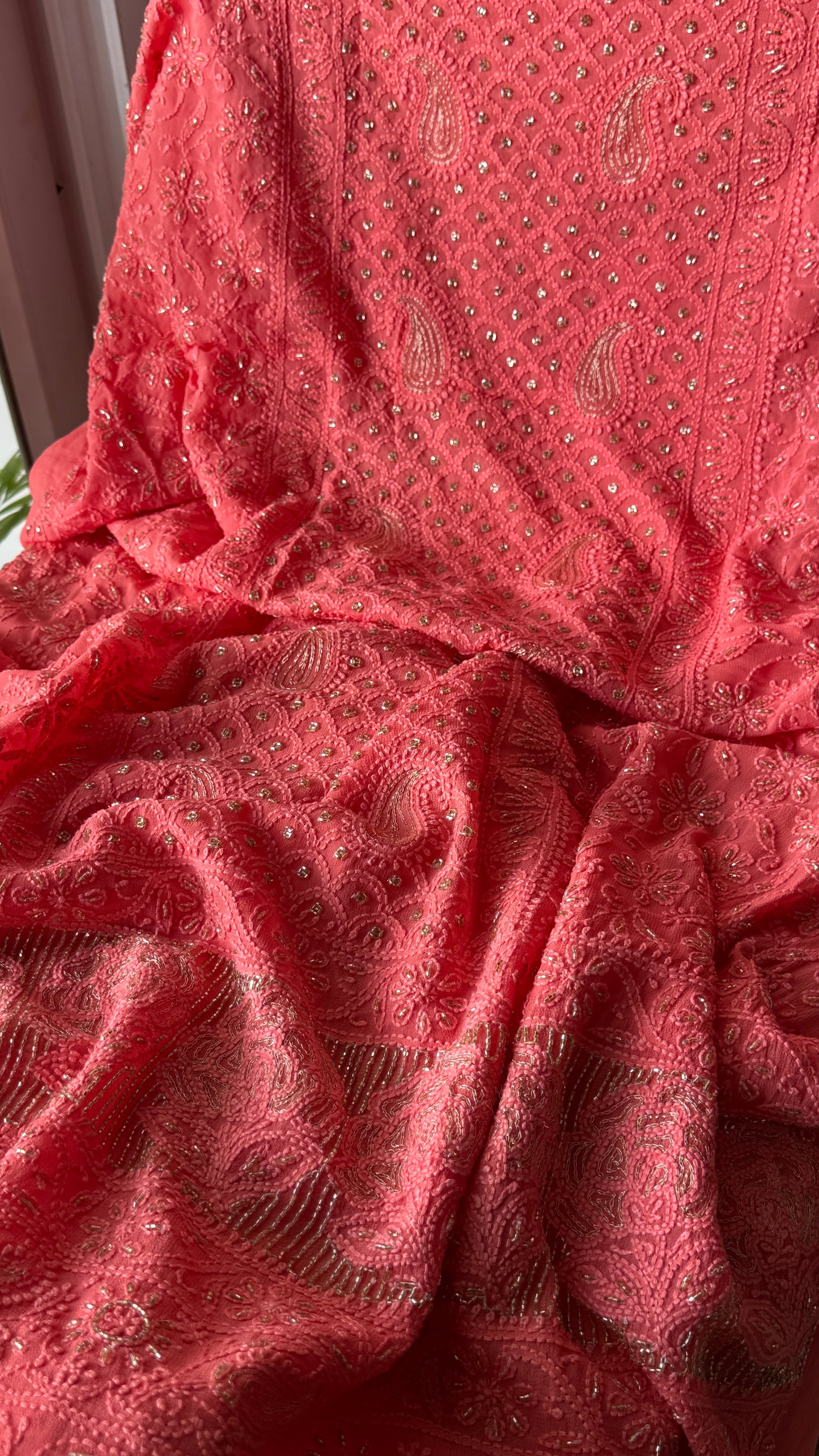 Coral Chikankari golden Cut Dana and aari work Kurta and Dupatta