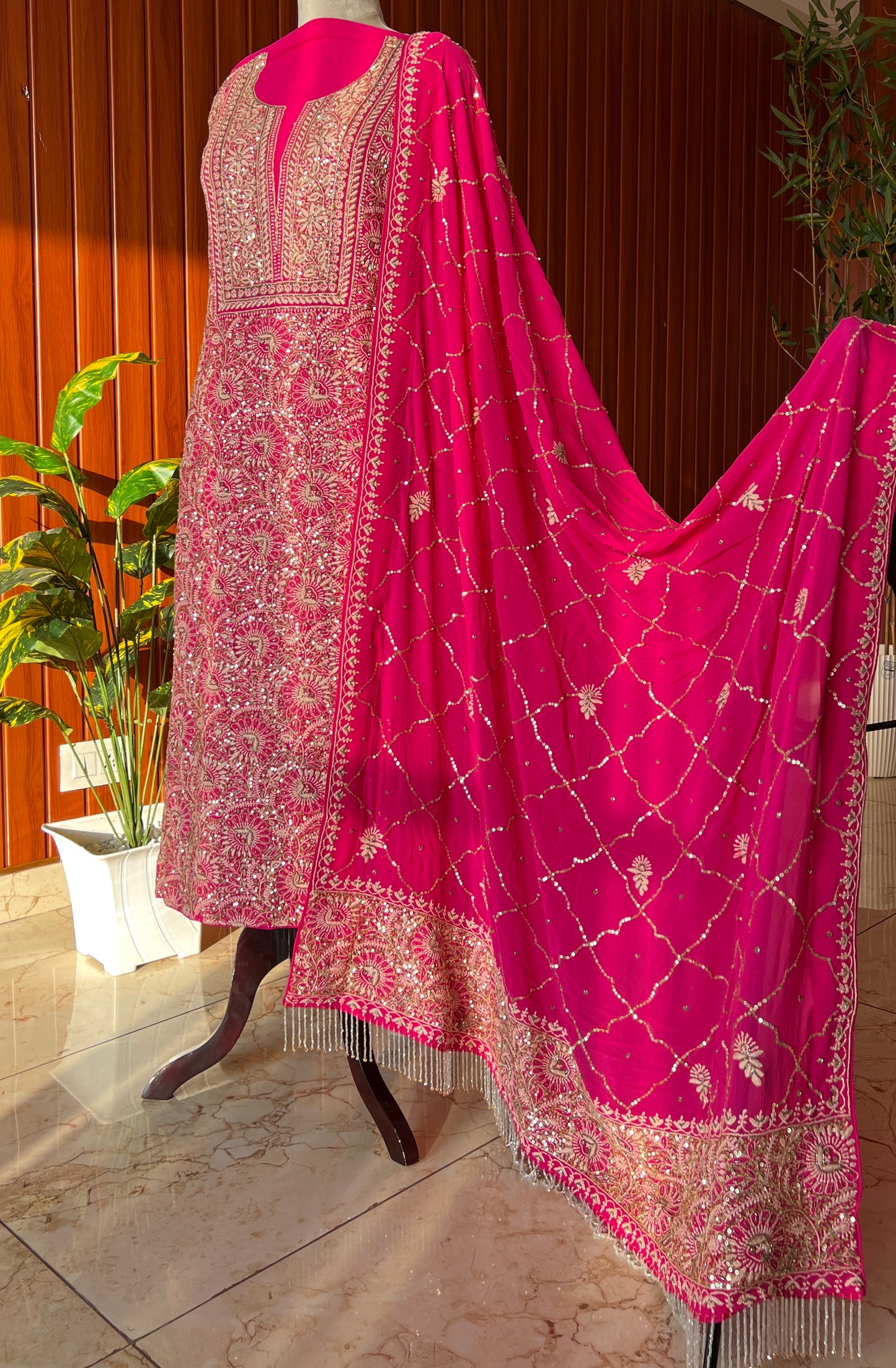 Suhaan Rani Pink 3 taar Chikankari kurta with heavy sequinned dupatta
