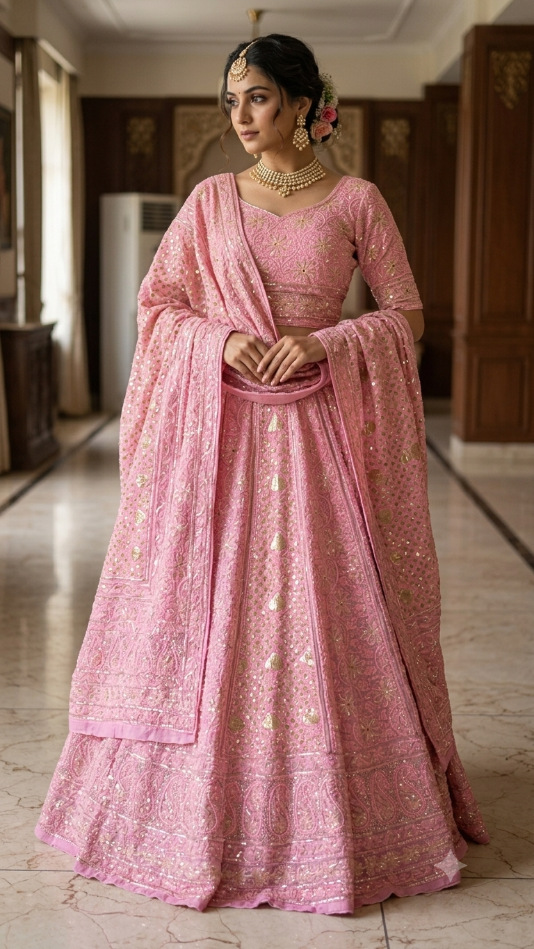 Masterpiece Ruhani Pink Chikankari Sequins Wedding Lehenga