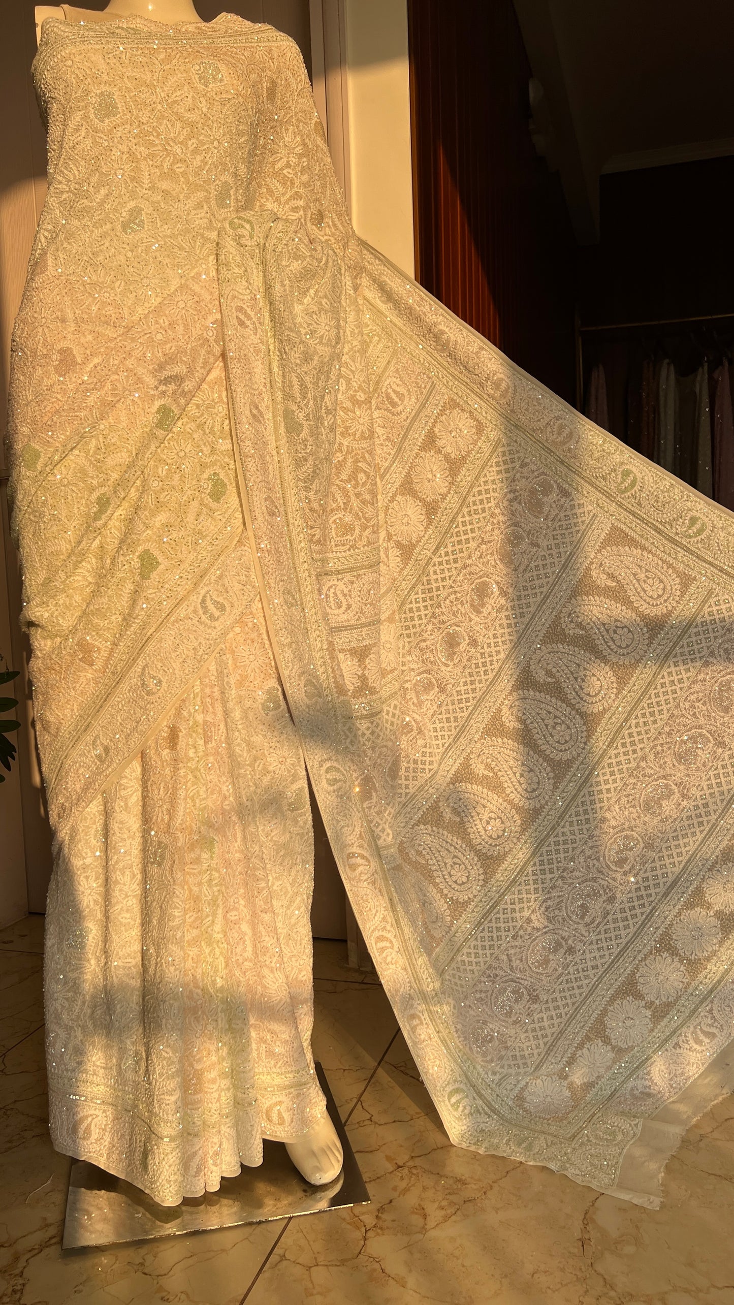Ruhani Ivory Chikankari Multi Cut Dana and Sequins Saree