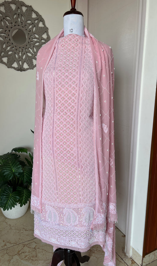 Rose Pink Chikankari cut dana pearl and sequins work kurta and dupatta