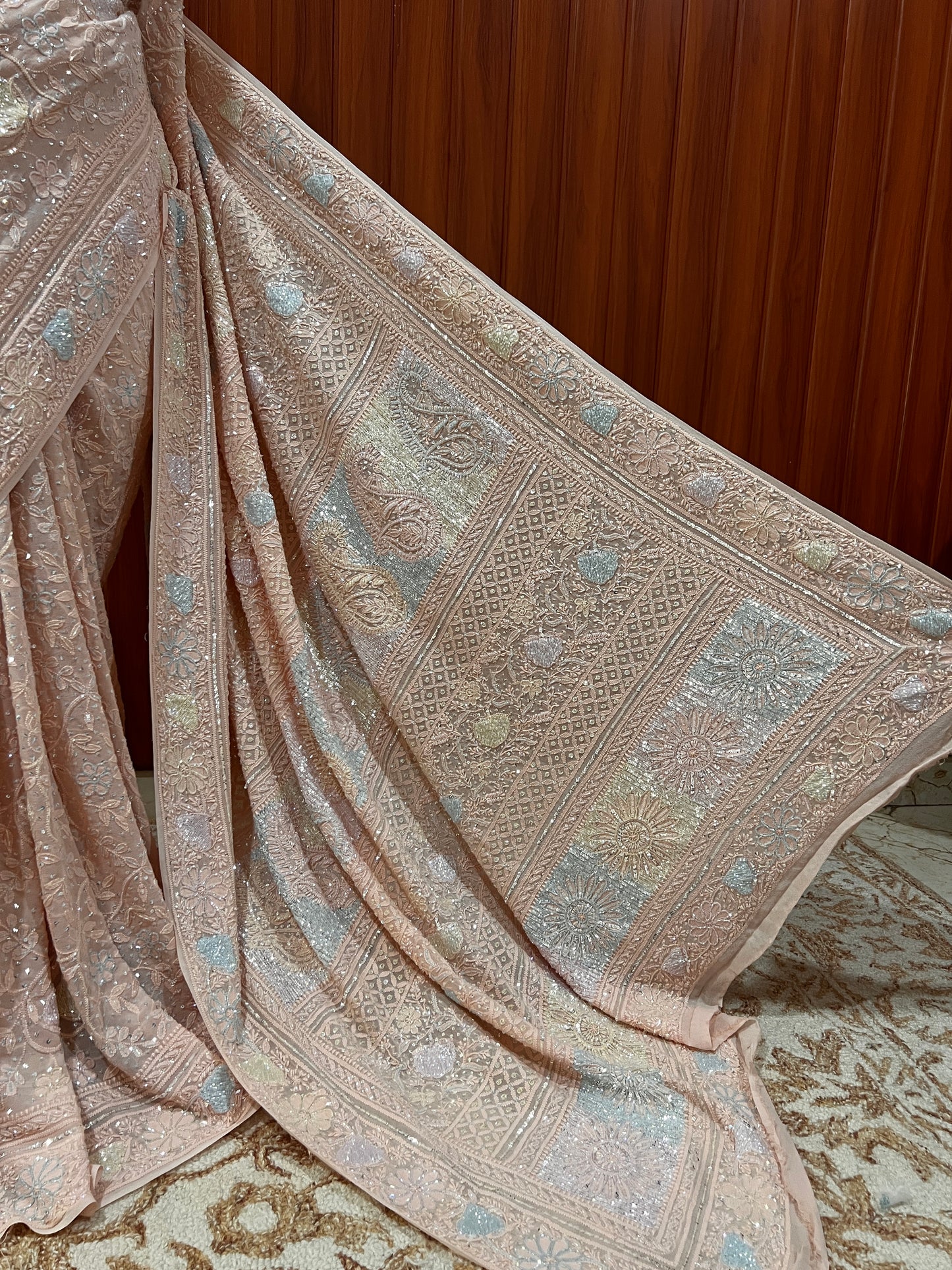 Ruhani Dusty peach Chikankari Multi Cut Dana and Sequins Saree
