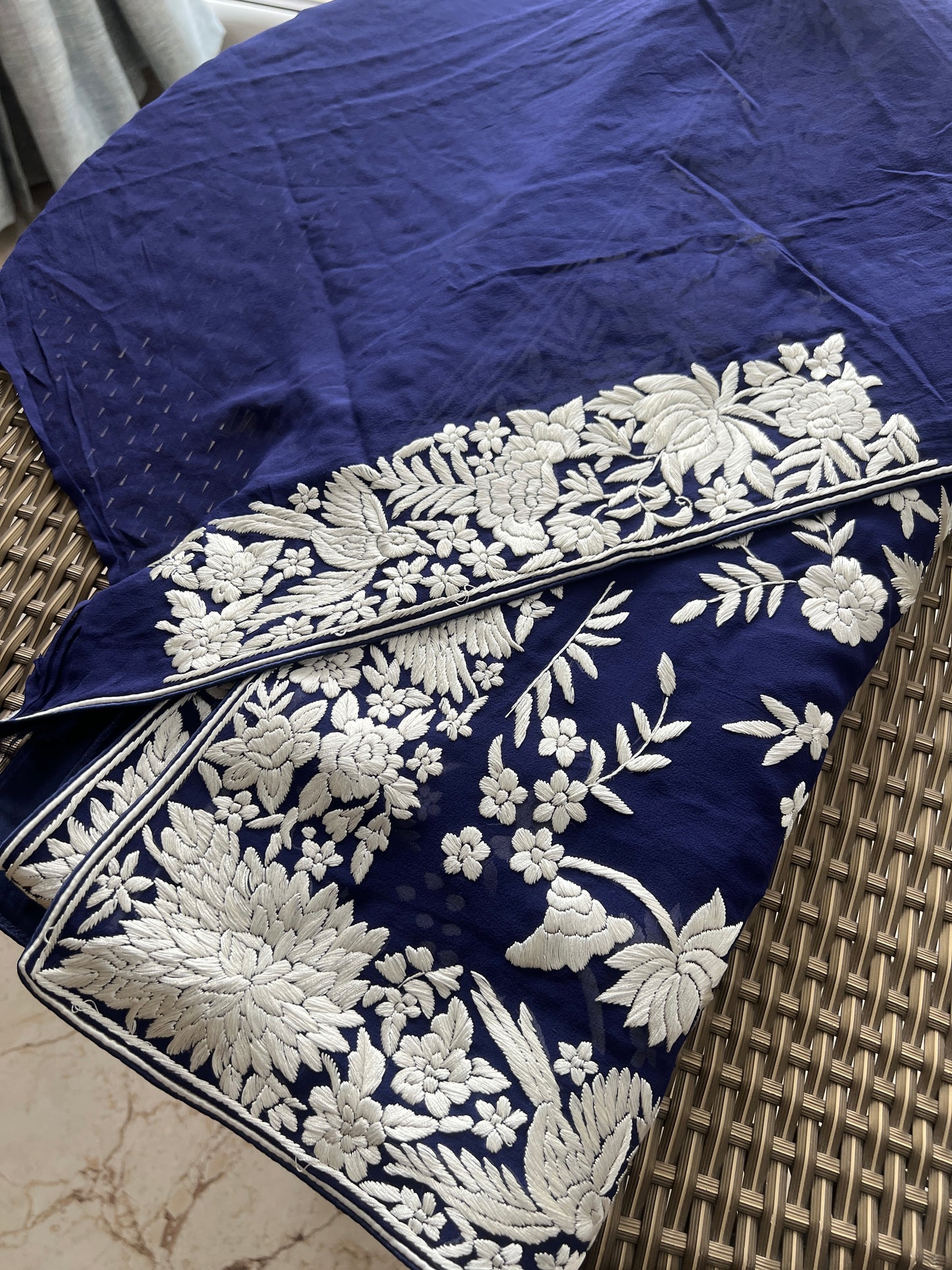 Navy Blue Masterpiece Parsi Gara Pure Georgette Saree