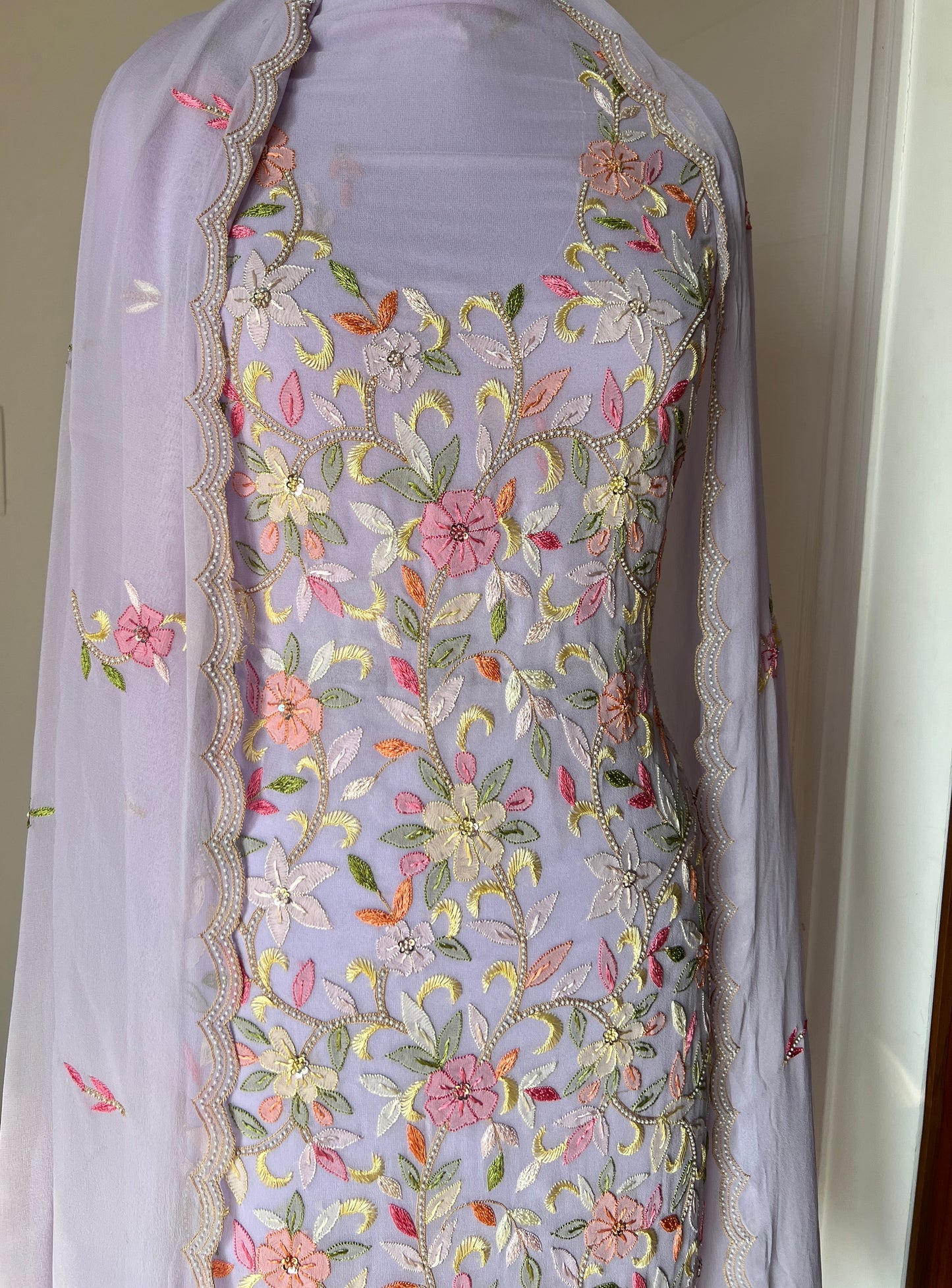 Lavender Resham Chikankari Parsi Gara and pearl work suit