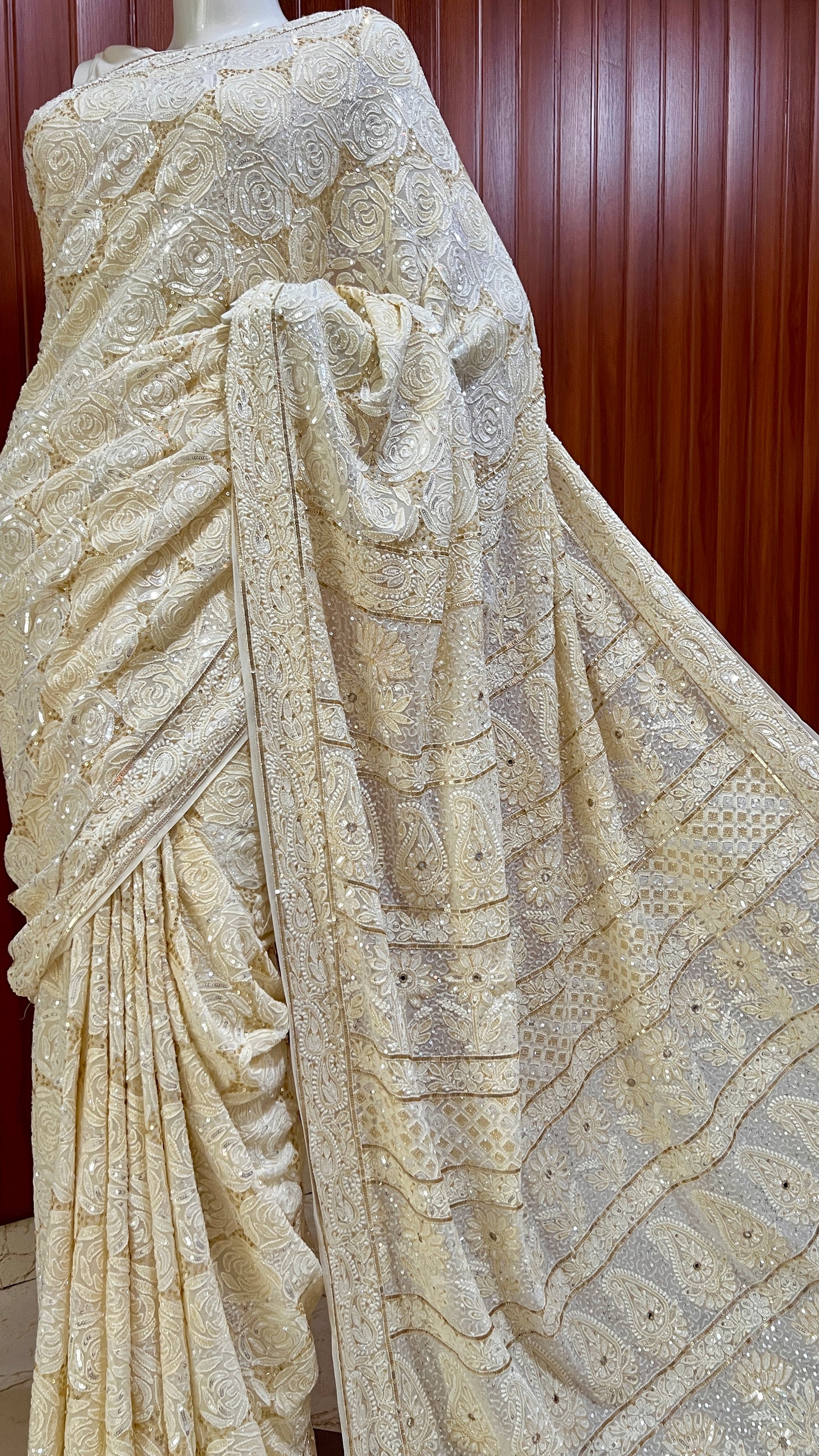 Ruhani Ivory Chikankari Sequins Cut Dana Embroidered Masterpiece Saree