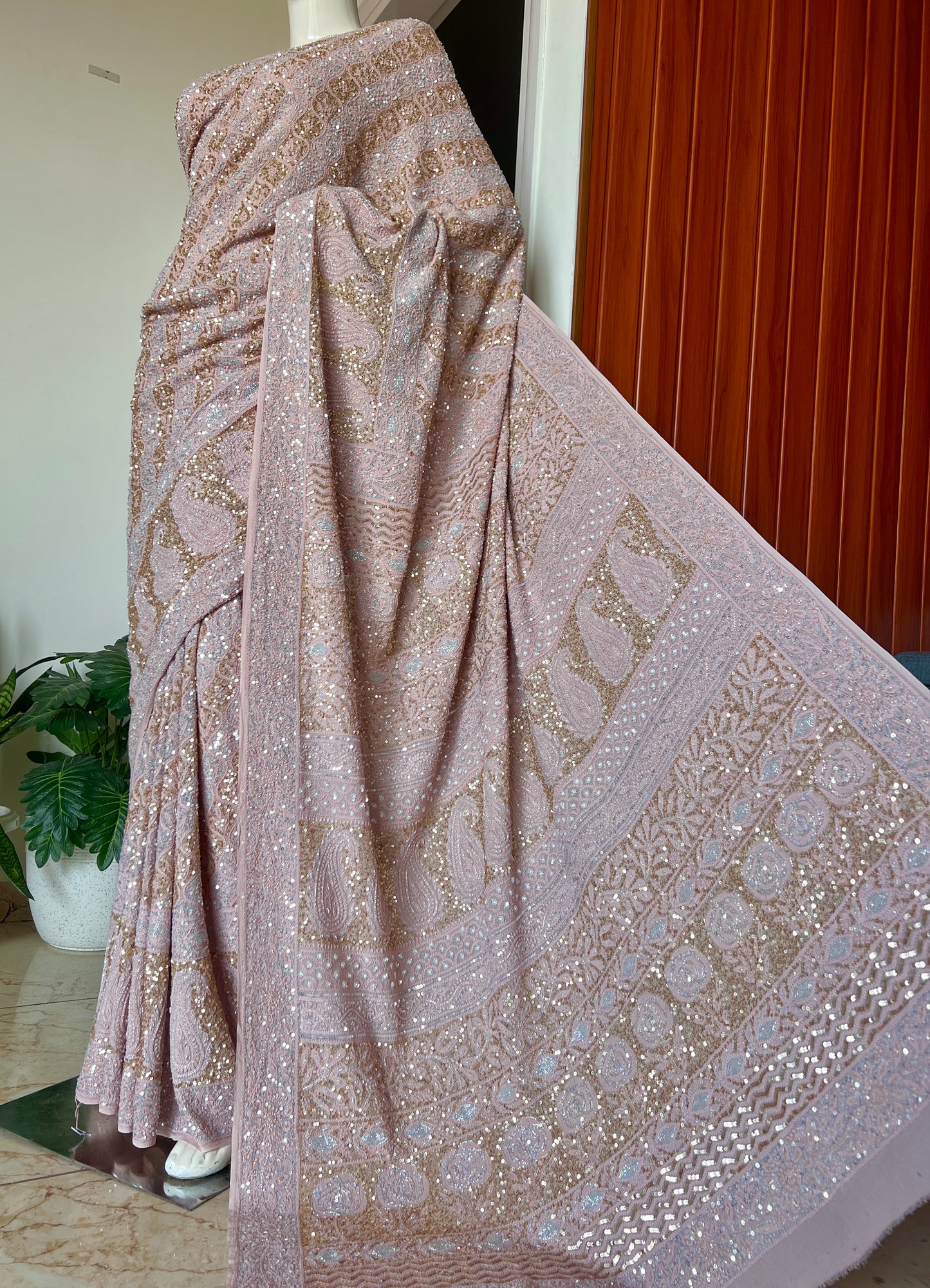 Ruhani Old Rose Chikankari Sequins Cut Dana Embroidered Masterpiece Saree