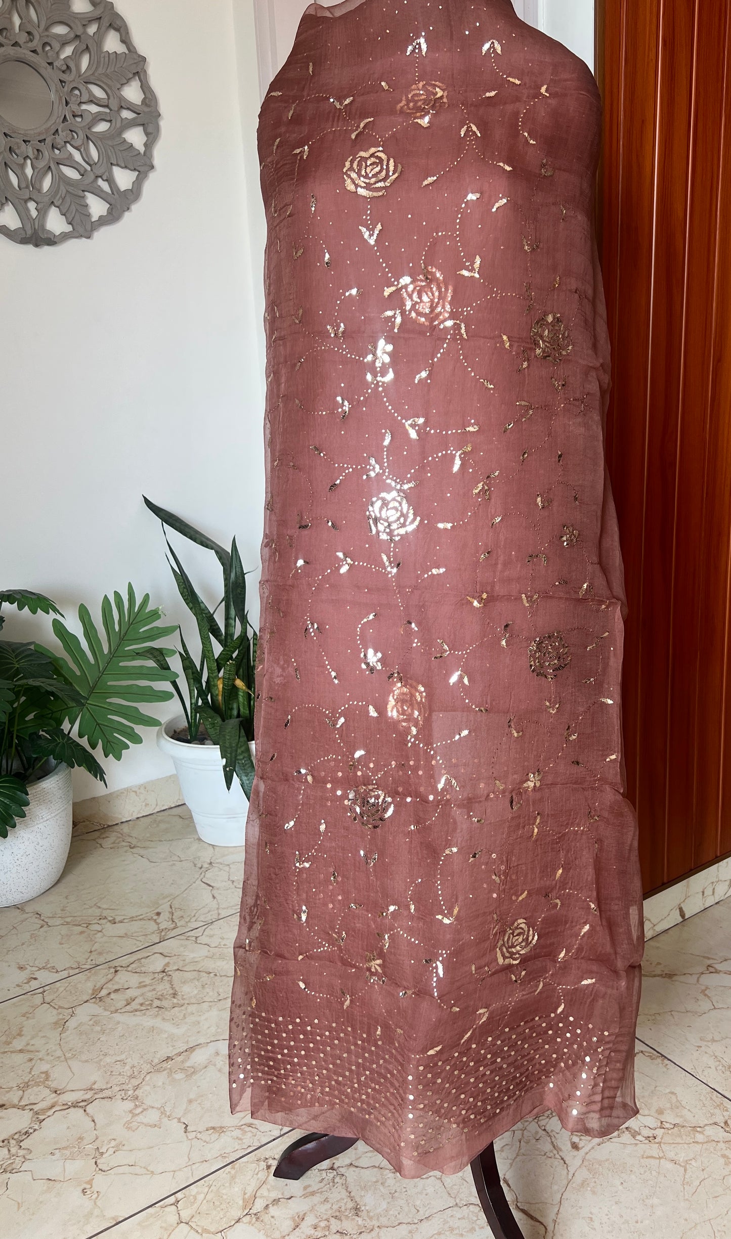 Taupe brown Gulaab pure organza badla work Kurta and Dupatta