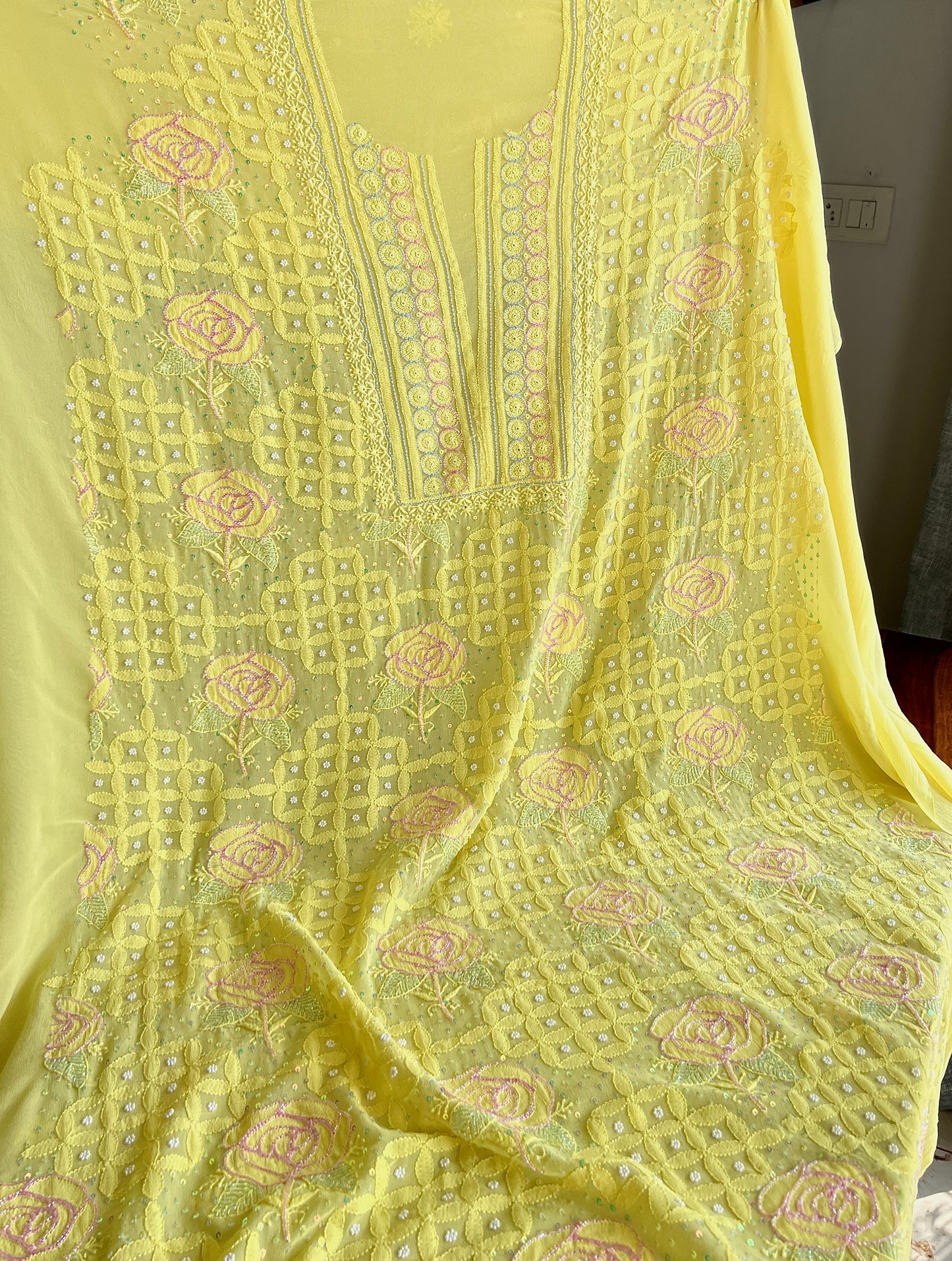 Ruhani Bright Yellow Chikankari pearl cut dana Kurta and Dupatta
